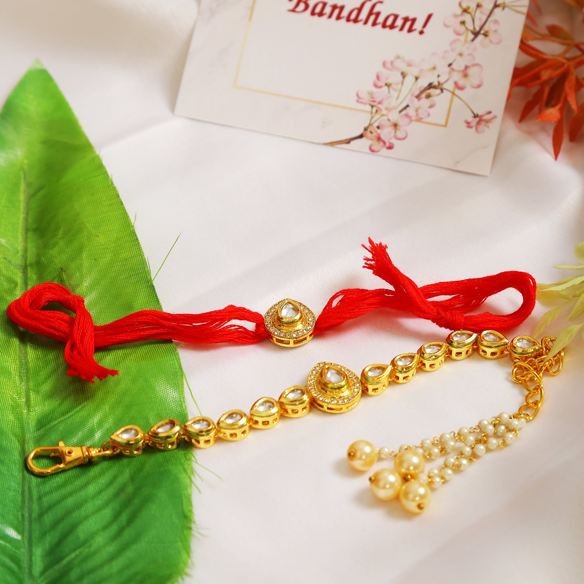 Handcrafted Kundan rakhi & Lumba set- Set of 2