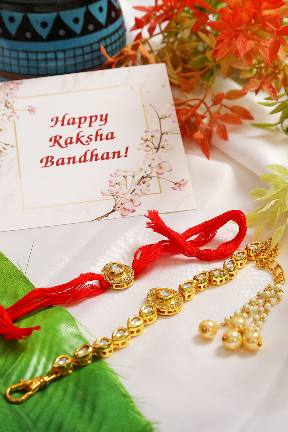 Handcrafted Kundan rakhi & Lumba set- Set of 2