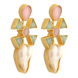 Pink Green Monalisa stone & baroque pearl earrings