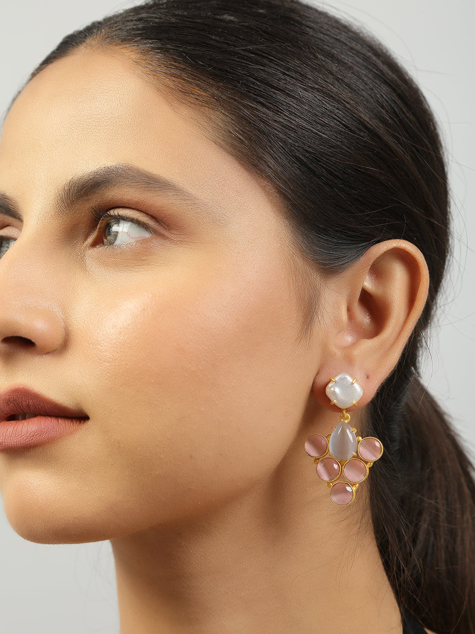 Grey Pink Monalisa stone  & Fresh water pearl Earrings