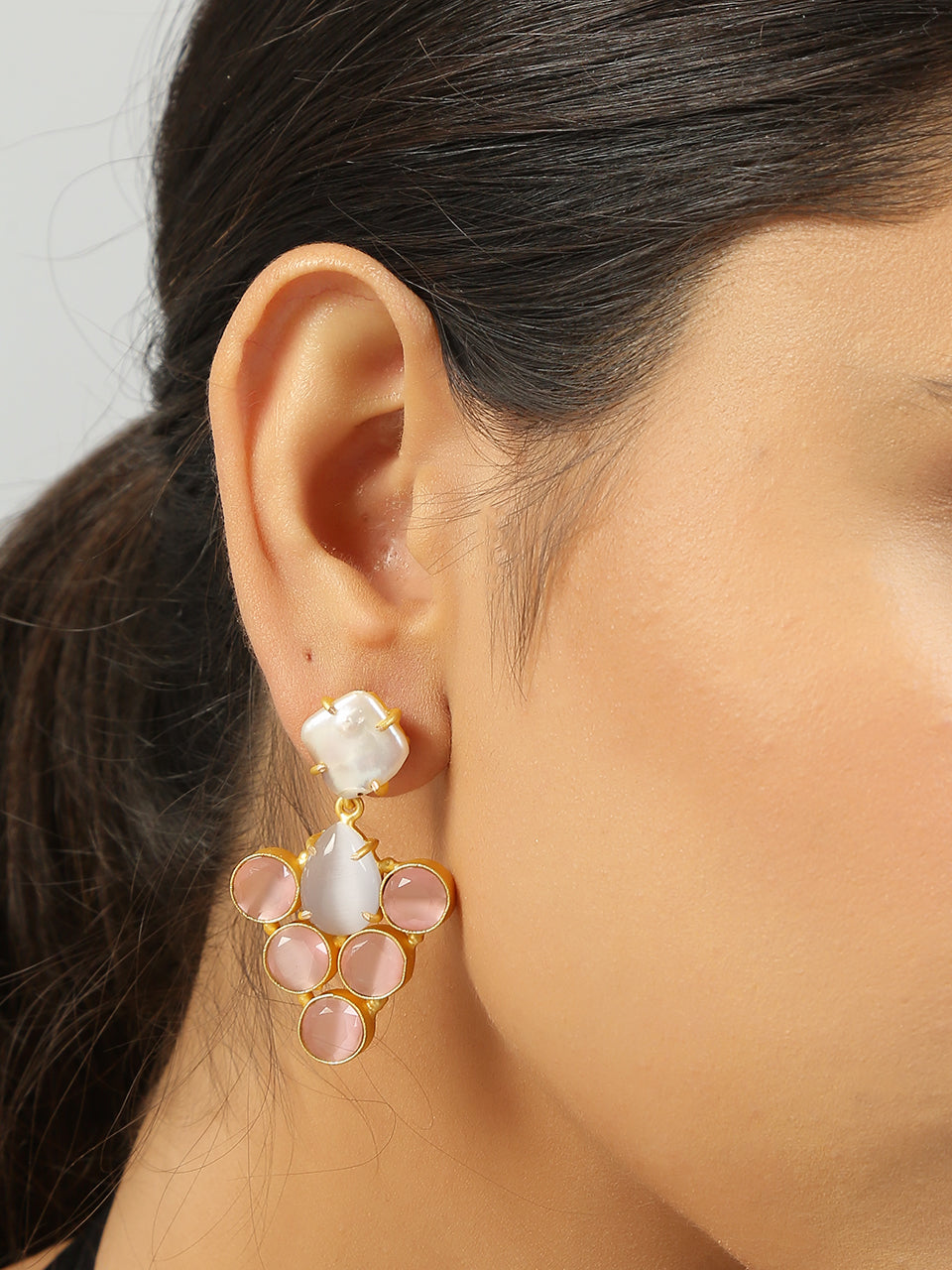 Grey Pink Monalisa stone  & Fresh water pearl Earrings
