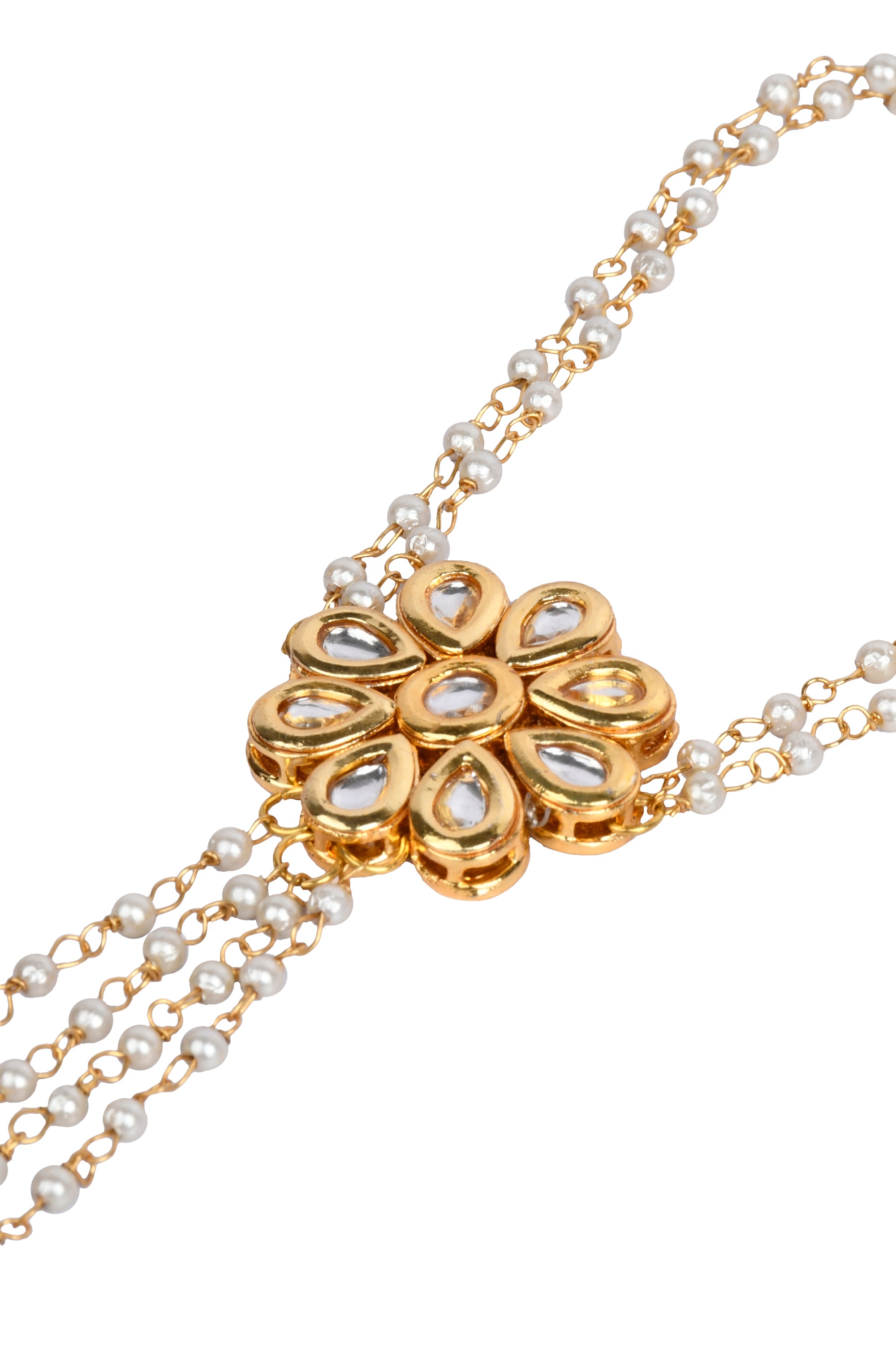 Gold Tone Floral Kundan Haathphool with Pearls