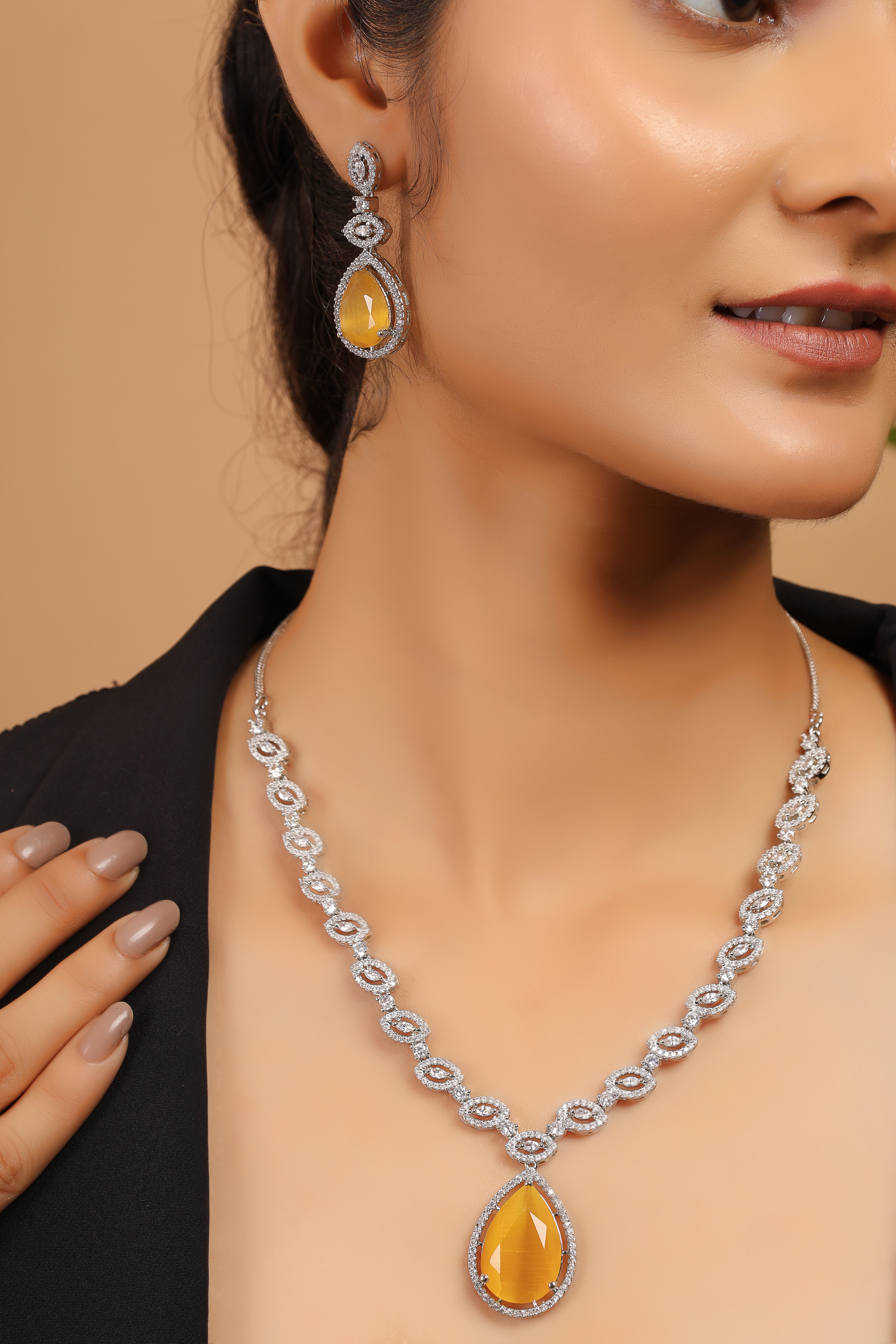 Yellow Silver Plated American Diamond Necklace Set