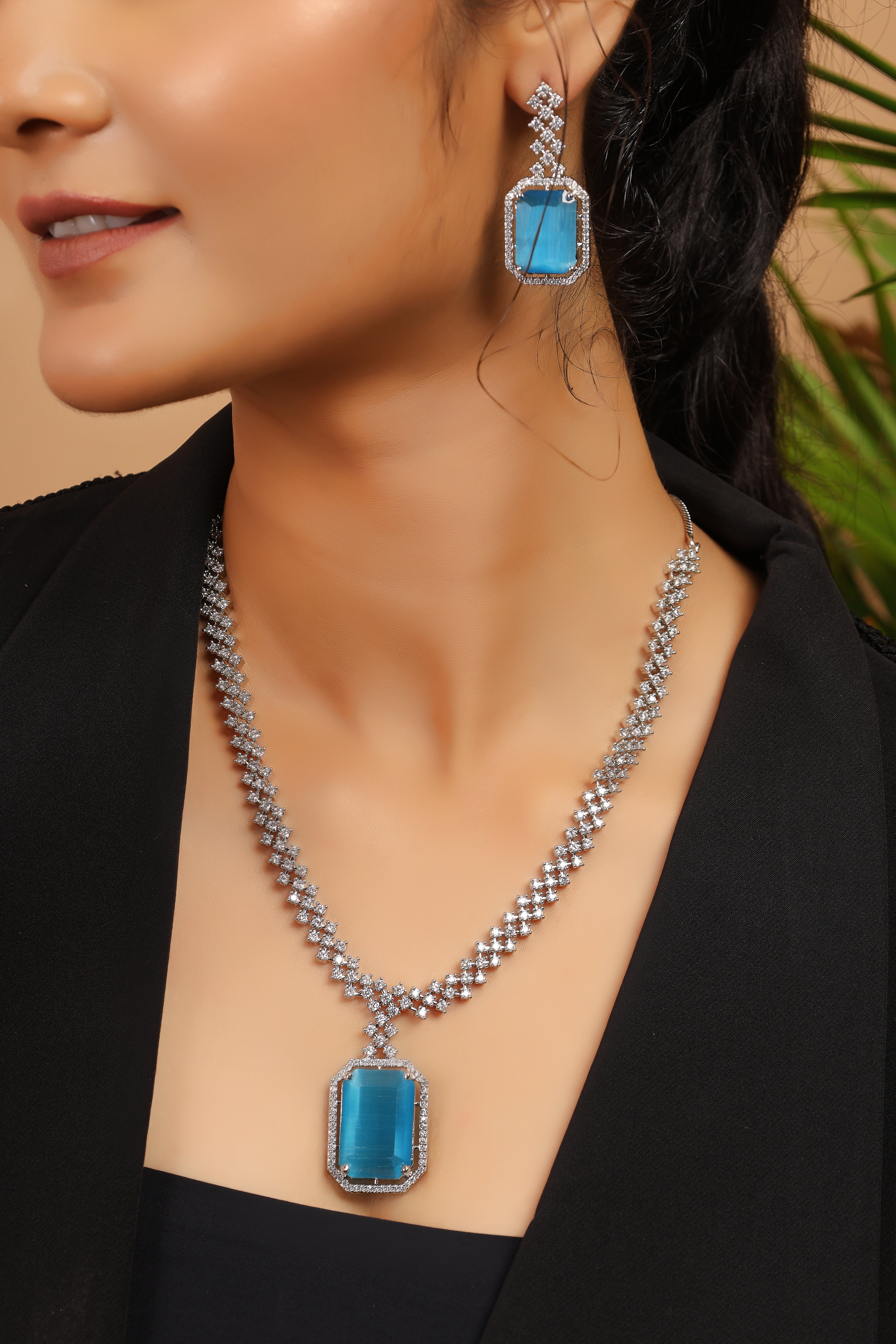 Blue Silver Plated American Diamond Necklace Set