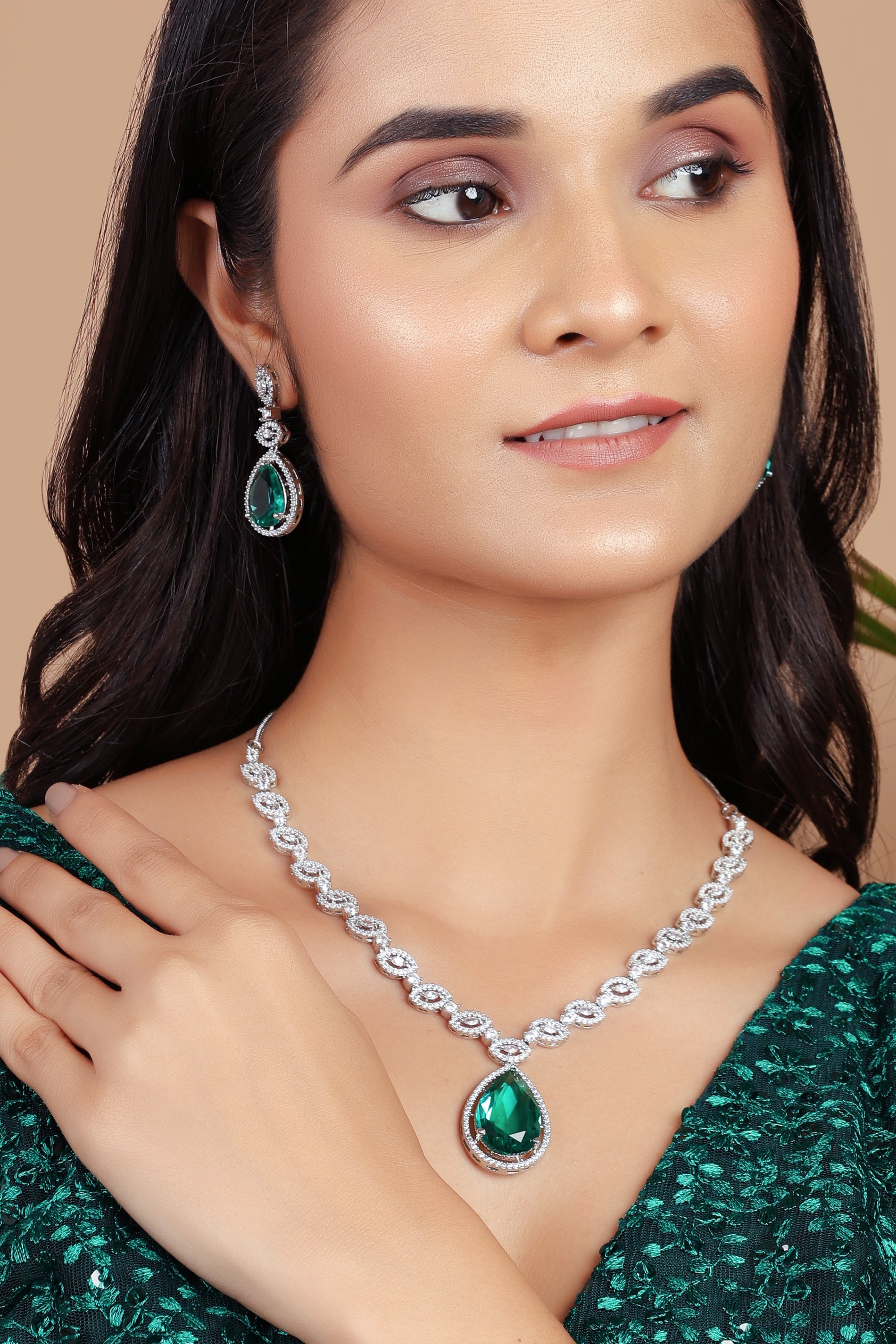 Emerald Silver Plated American Diamond Necklace Set