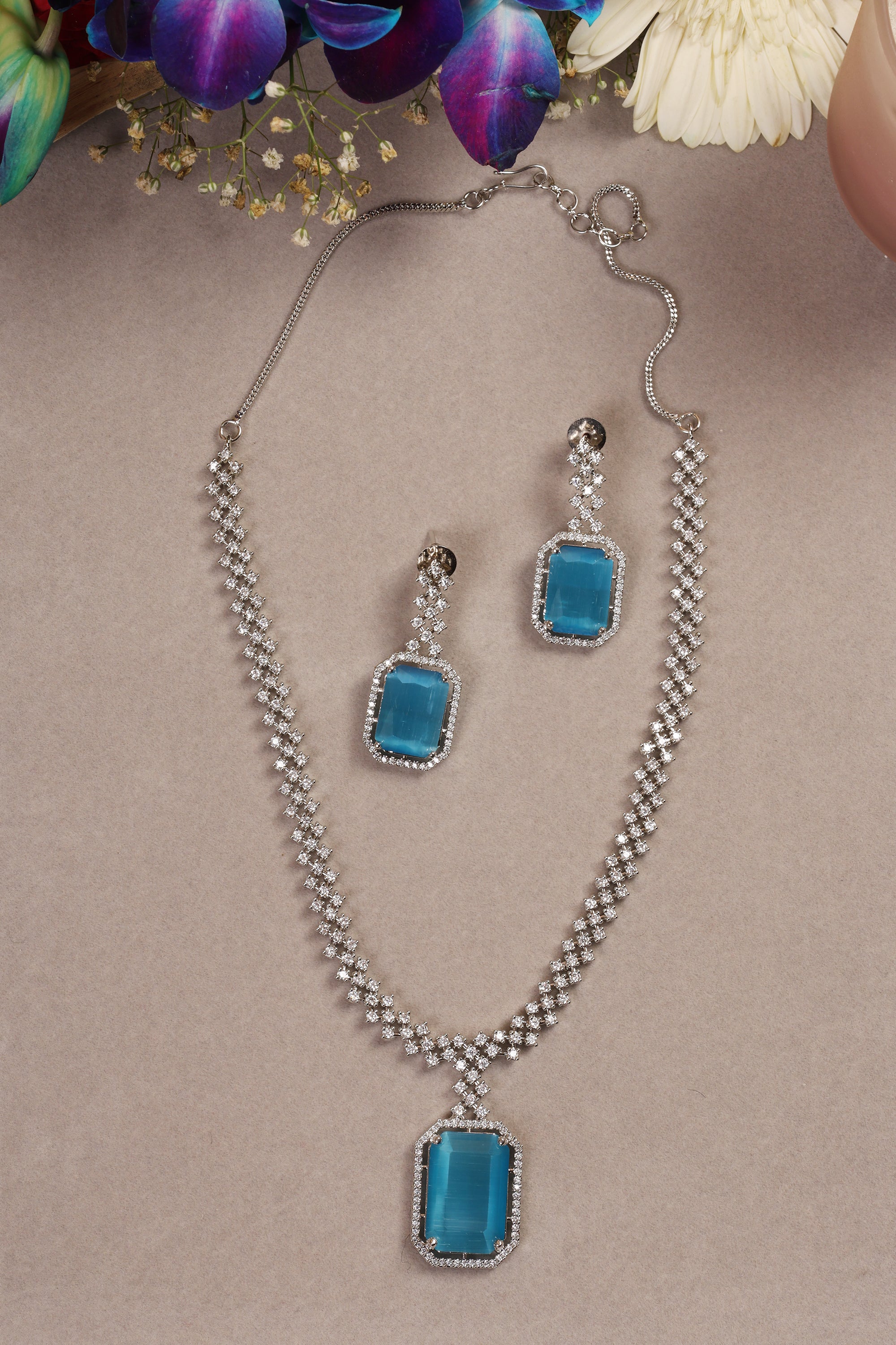 Blue Silver Plated American Diamond Necklace Set