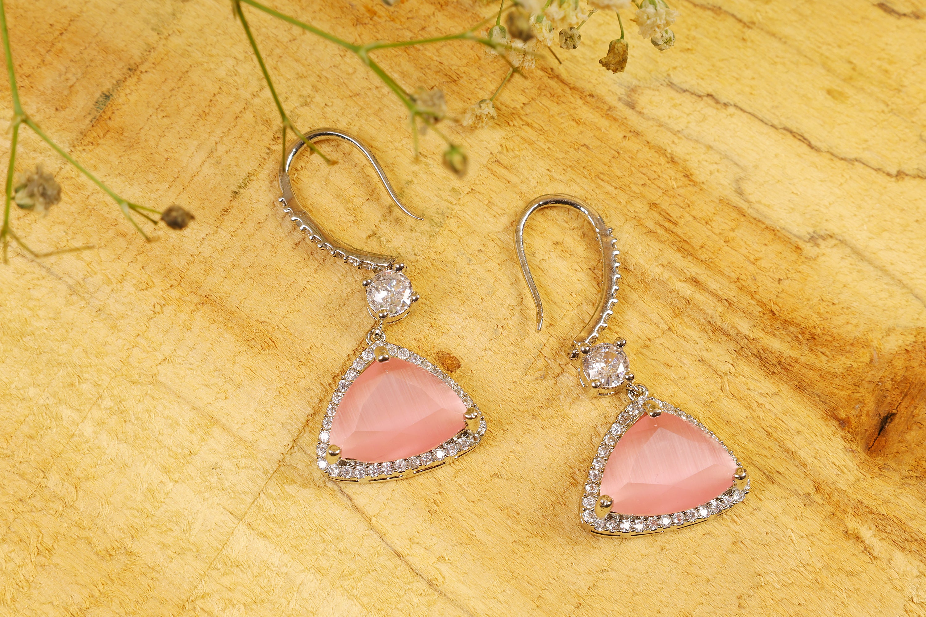 Pink Silver Plated American Diamond Drop Earrings