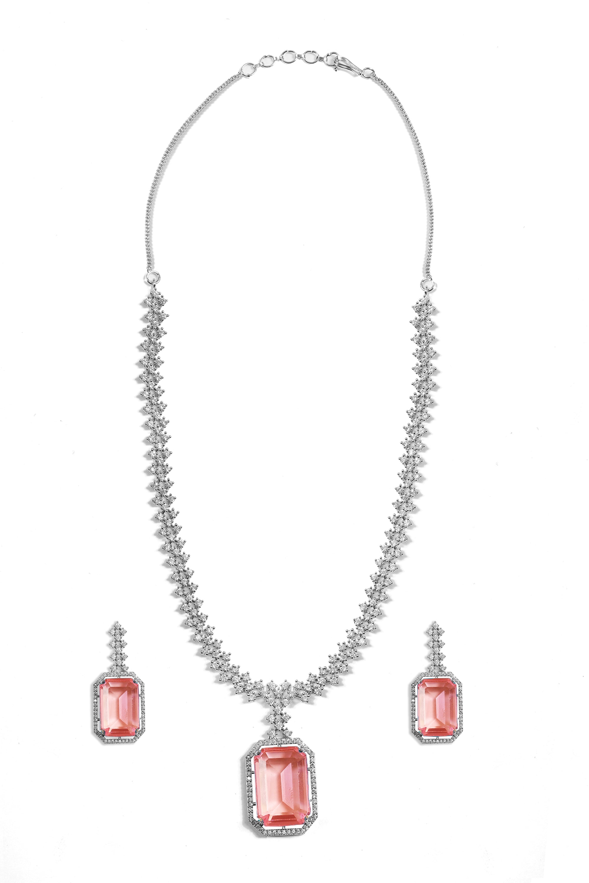 Silver Plated Pink Crystal Zirconia Studded Statement Necklace Set
