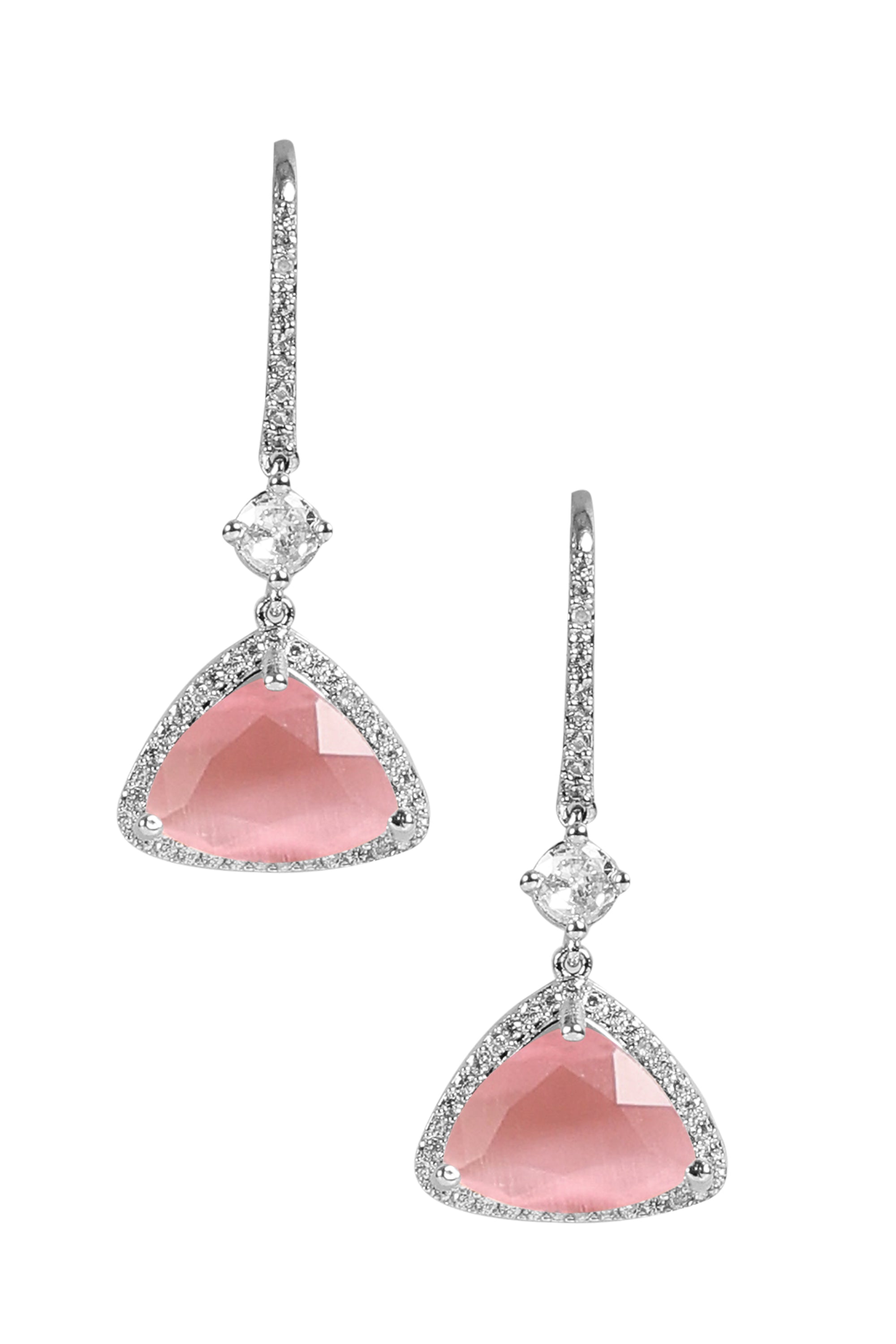 Pink Silver Plated American Diamond Drop Earrings