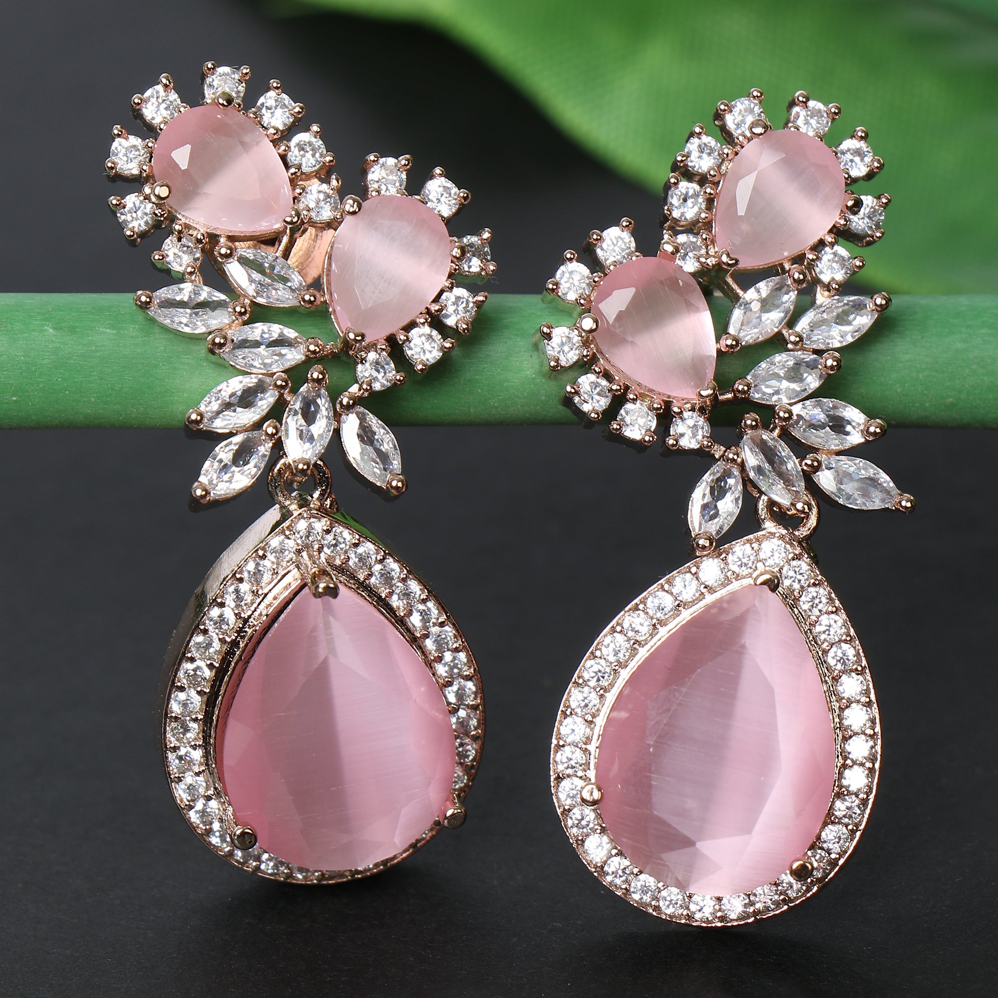 Pink Brass Gold Plated Pearl Stone Studded Handmade Earrings Jewellery -  Quail - 3841591