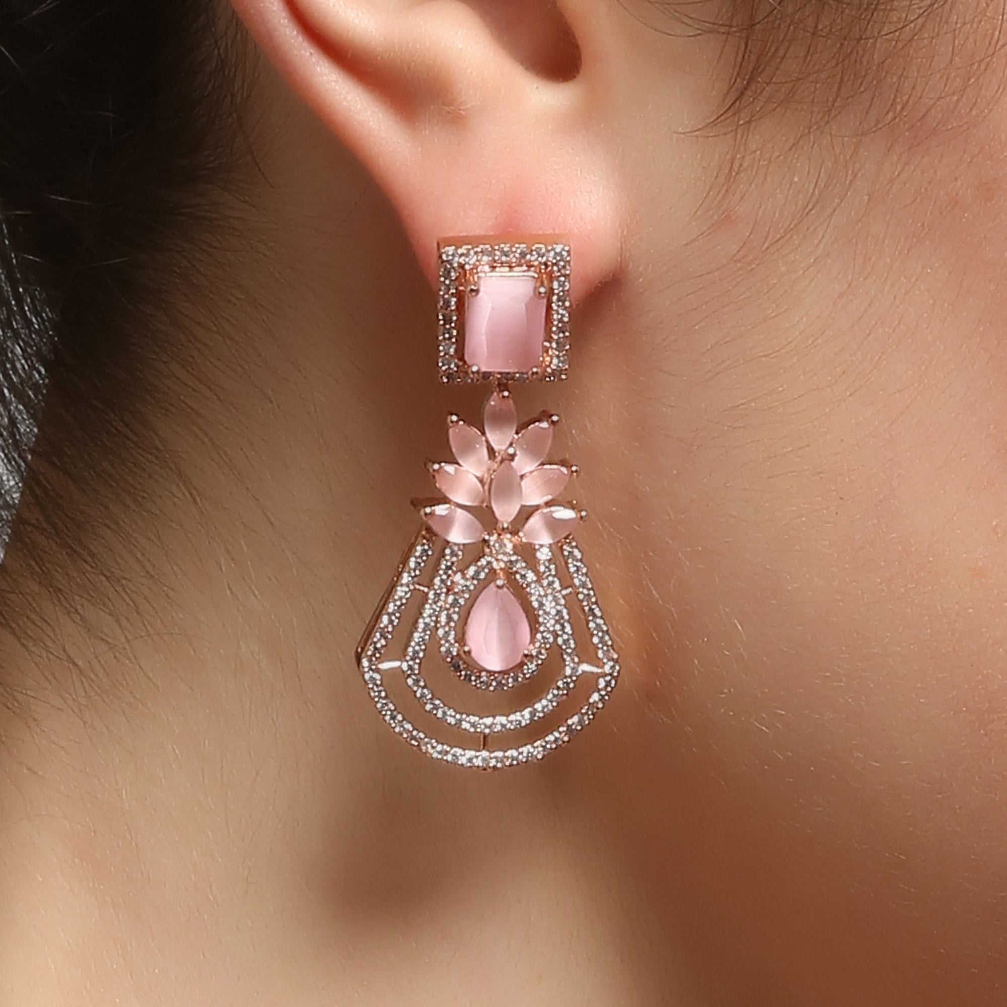 Rose Gold-Plated Pink  Drop Earrings American Diamond