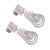 Silver-Toned Pink Contemporary Drop American Diamond Earrings