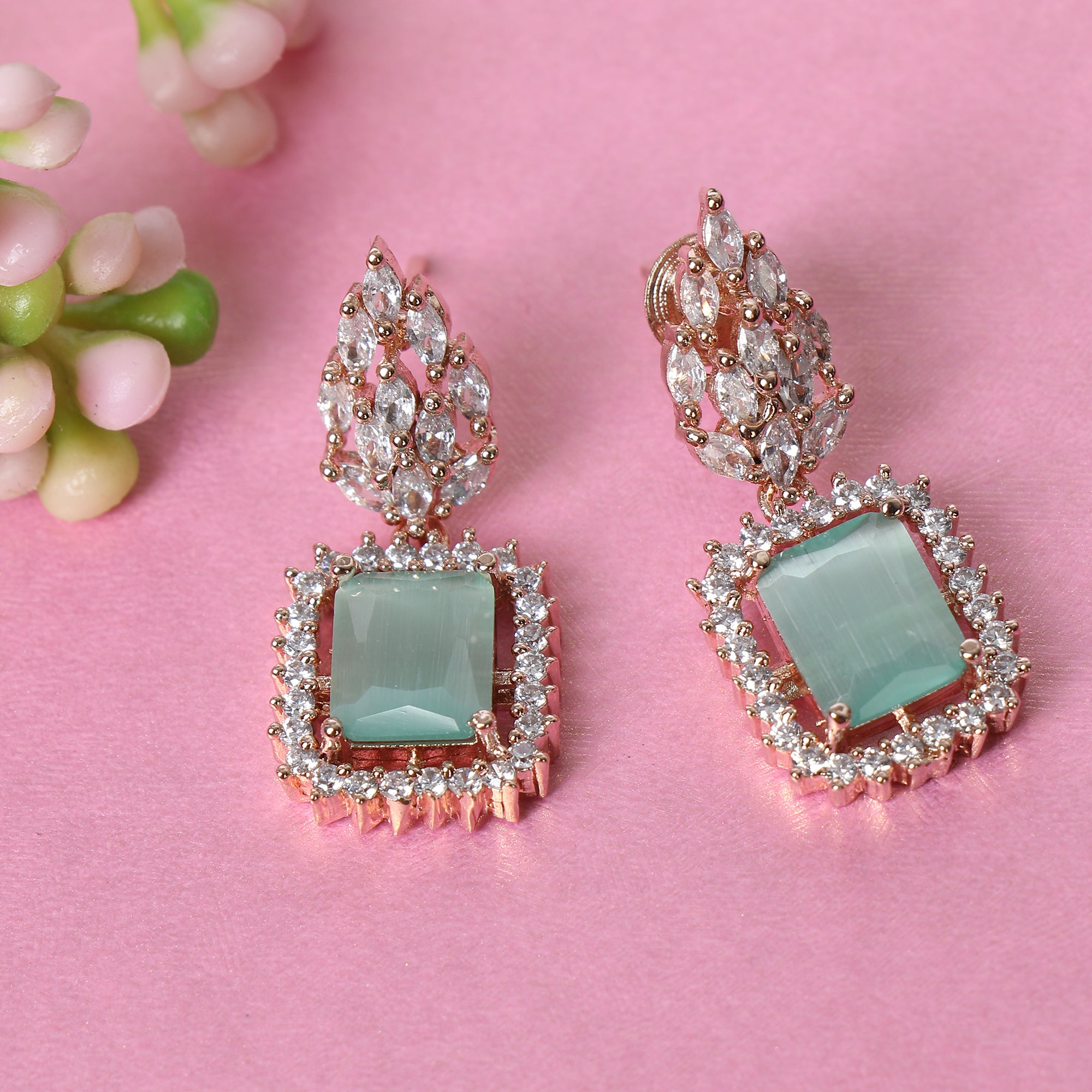 Rose Gold and Green American Diamond Earrings  Cardinal Jewels
