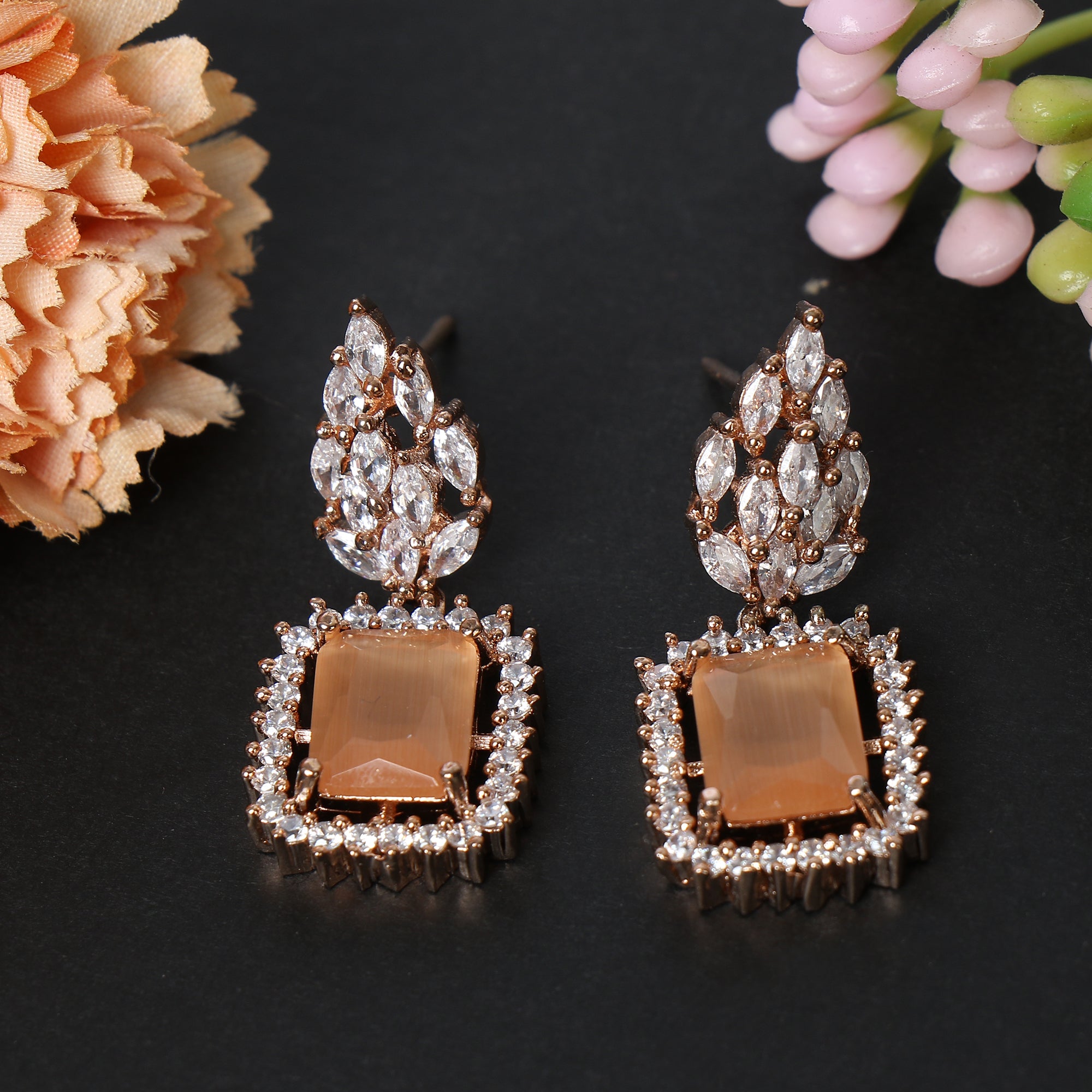 Peach & Rose Gold-Plated American diamond  stud Earrings