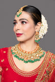 Green Red Gold toned Handcrafted Kundan necklace with matching earrings & Maang Tikka