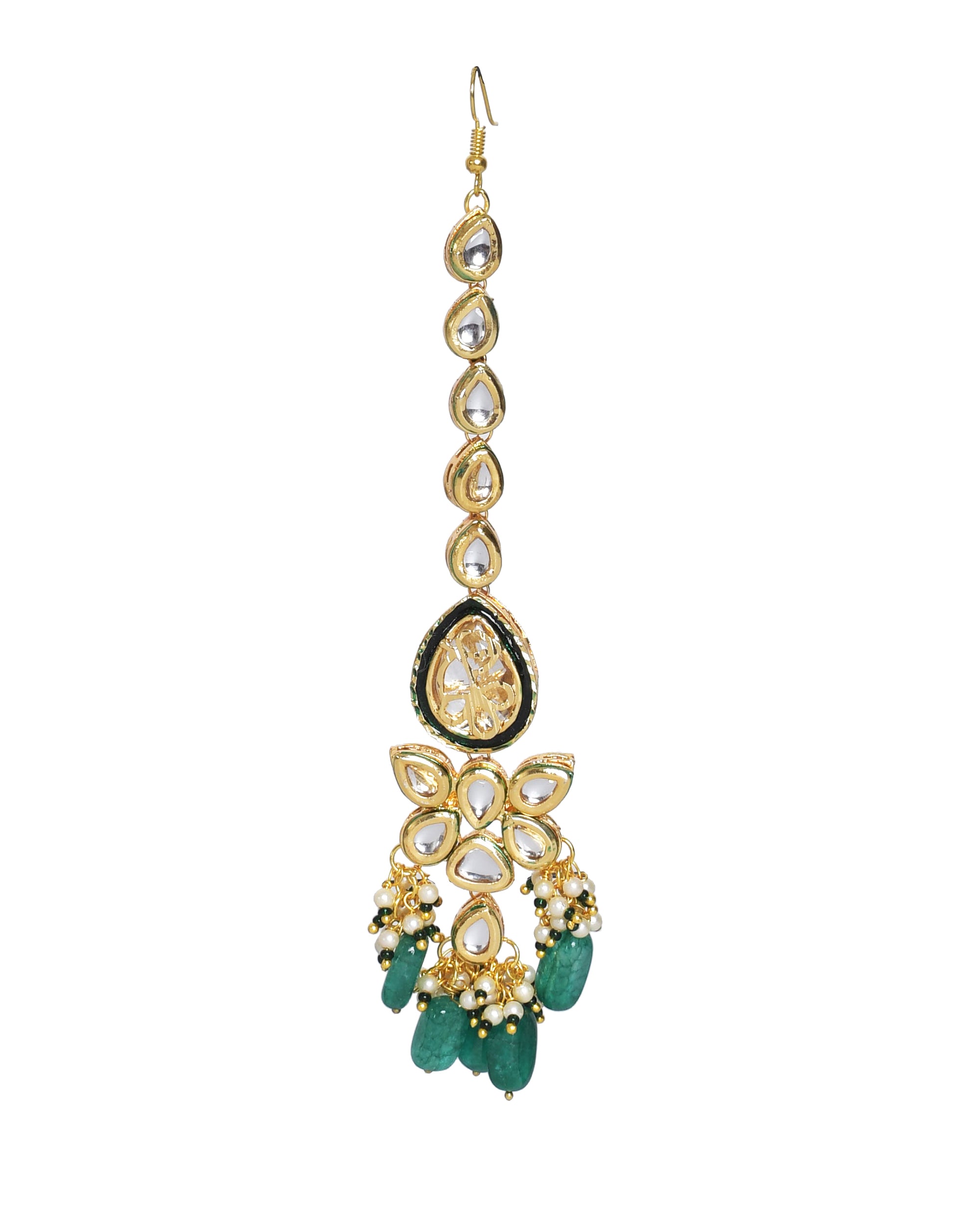 Green Gold Tone Kundan Enameled Necklace And Earrings With Maang Tikka