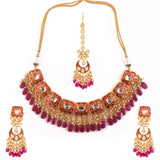 Kundan inspired mahroon enameled Necklace and earrings with Maang Tikka