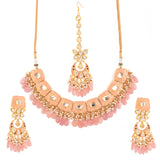 Handcrafted Kundan Peach enameled necklace with earrings & Maang Tikka