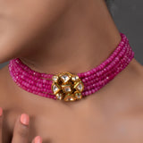 Pink Gold Tone Kundan Beaded Choker Necklace with earrings