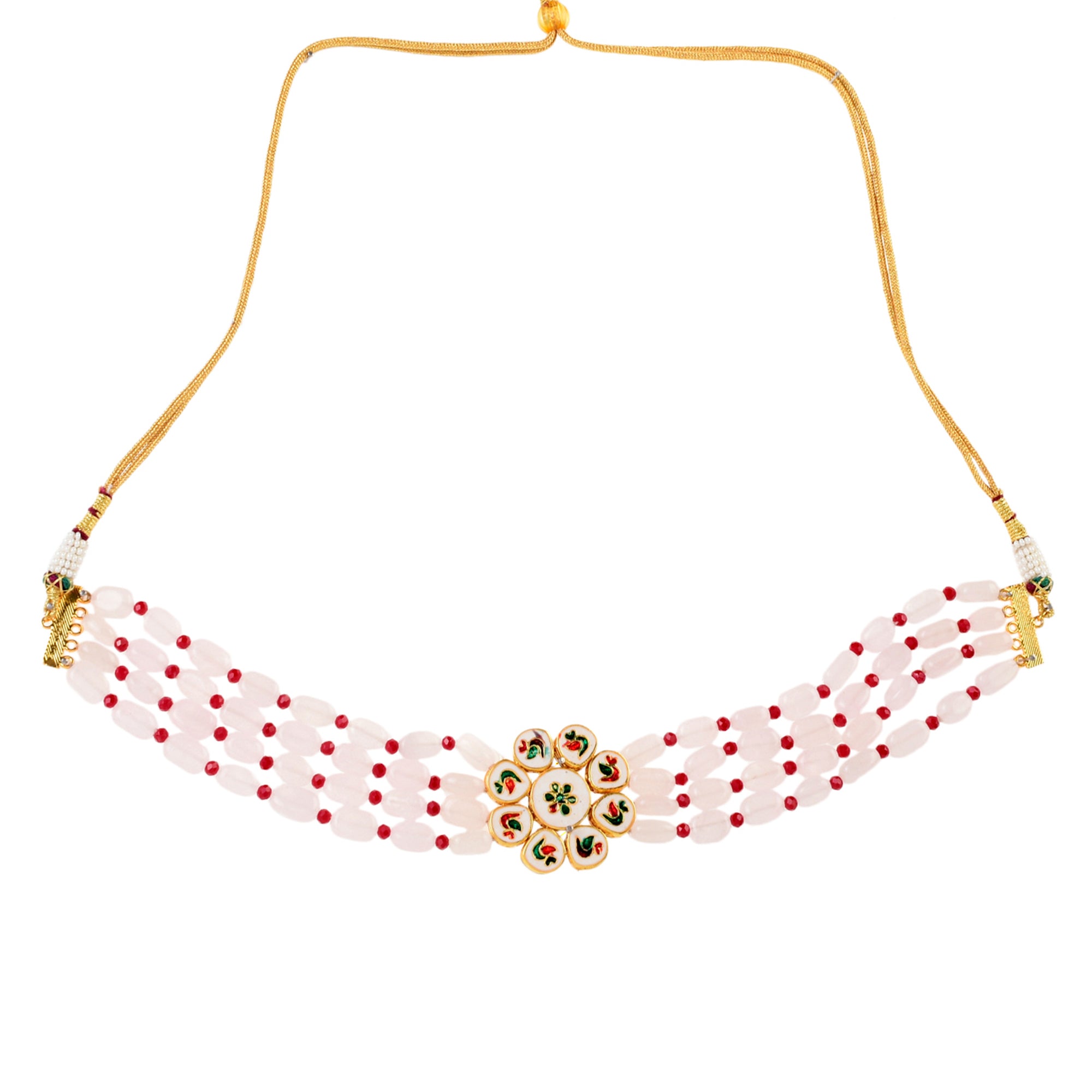Pink mahroon beaded Gold Tone Kundan Inspired choker necklace with earrings