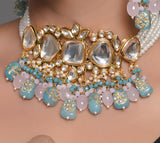 Pastel Blue and pink tanjore beaded handcrafted Kundan Necklace with earrings
