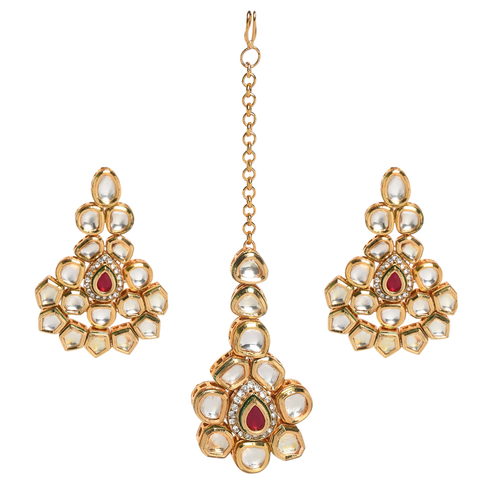 Handcrafted Kundan Studded gold toned earring and Maang Tikka set