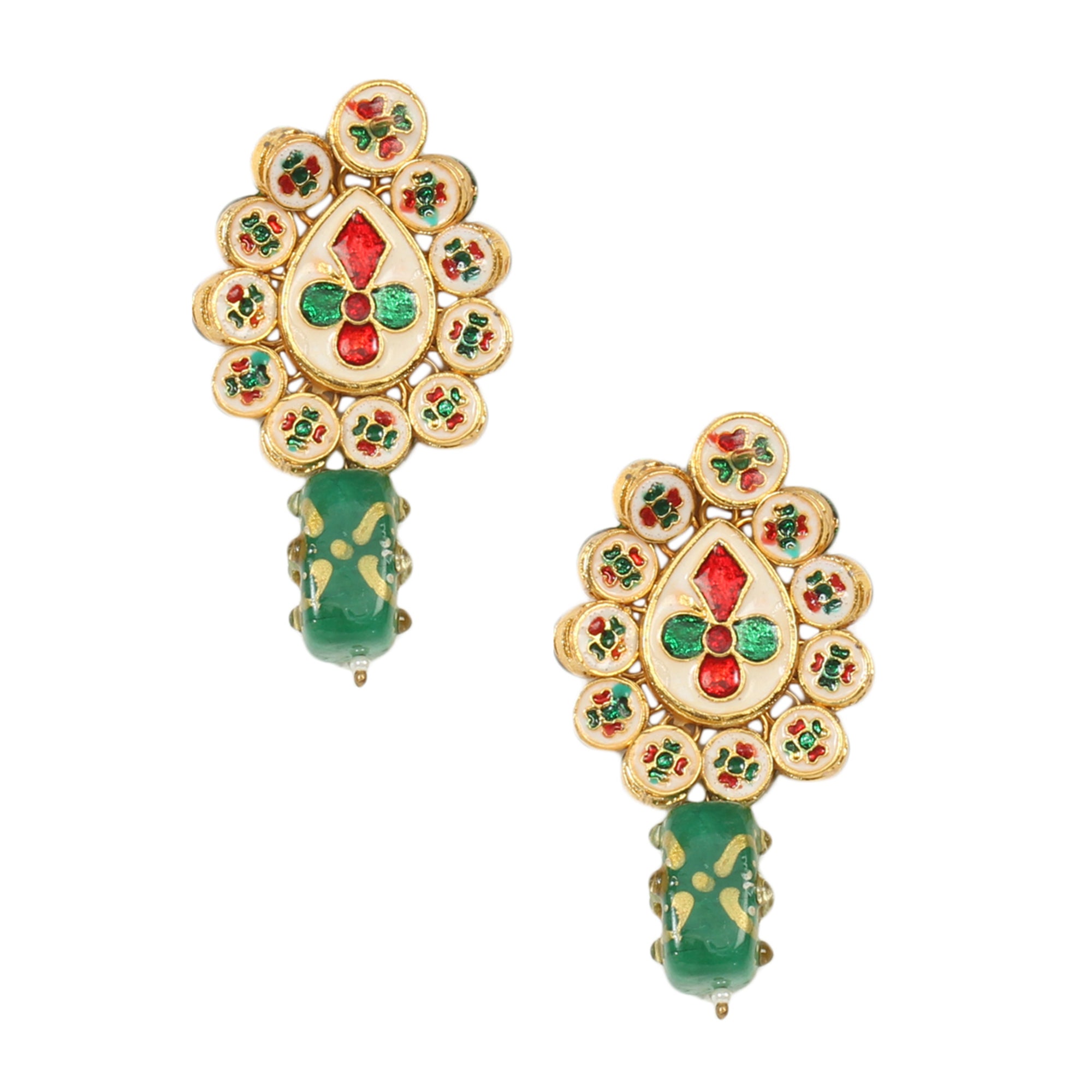 Gold toned green beaded Kundan Earring & Maang Tikka set