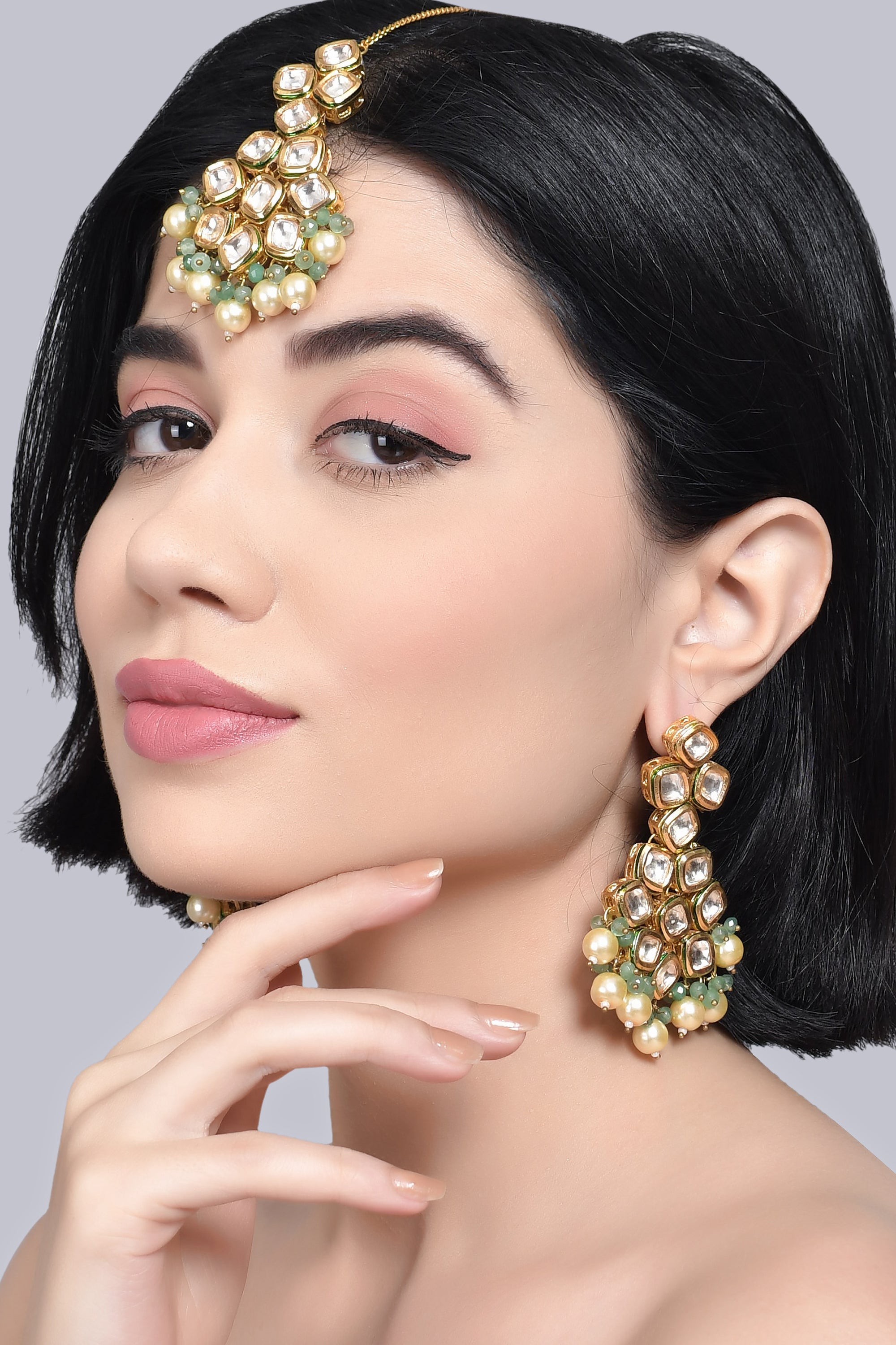 Jade Gold Tone Kundan Earrings and Maang Tikka with Pearls