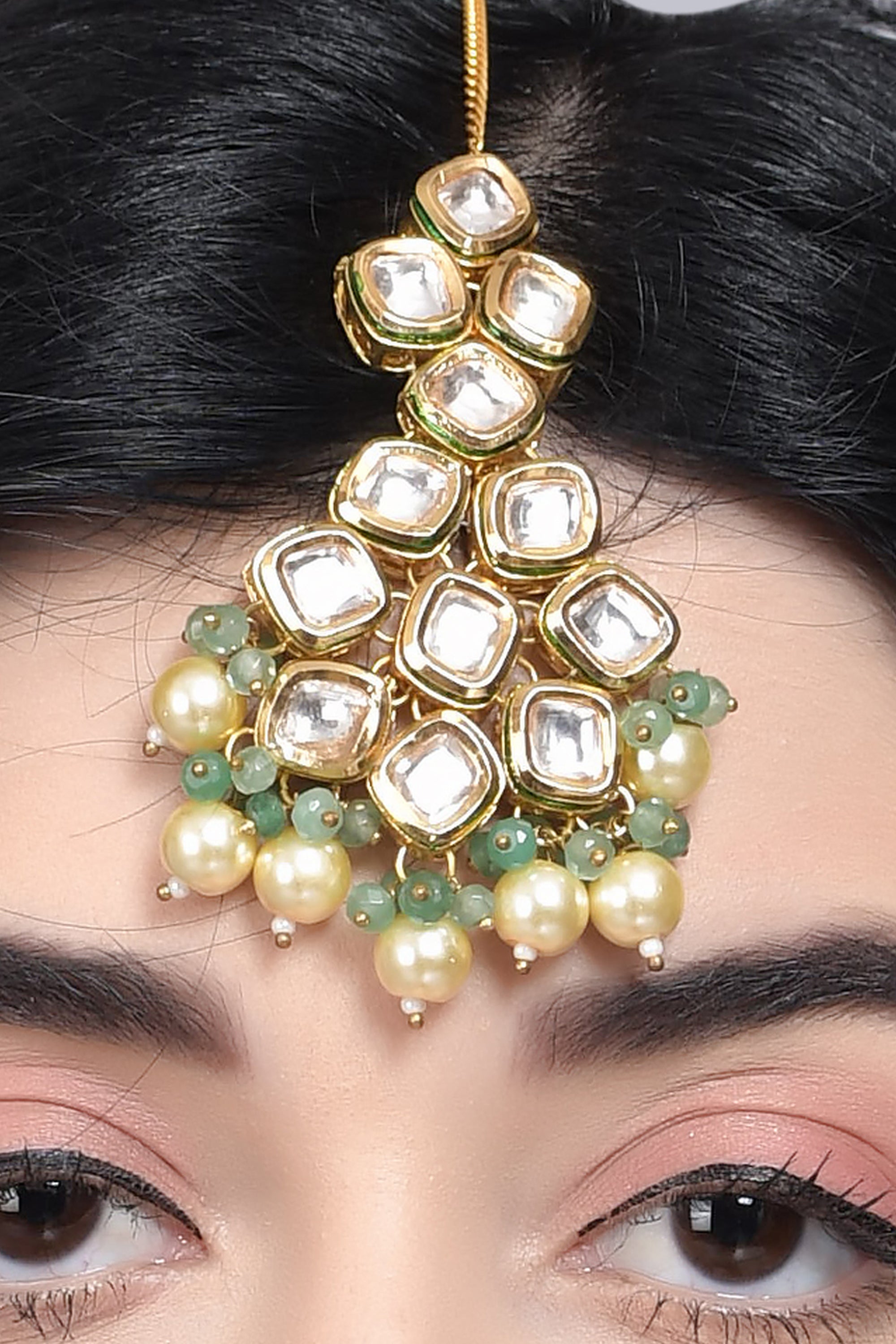 Jade Gold Tone Kundan Maang Tikka with Pearls