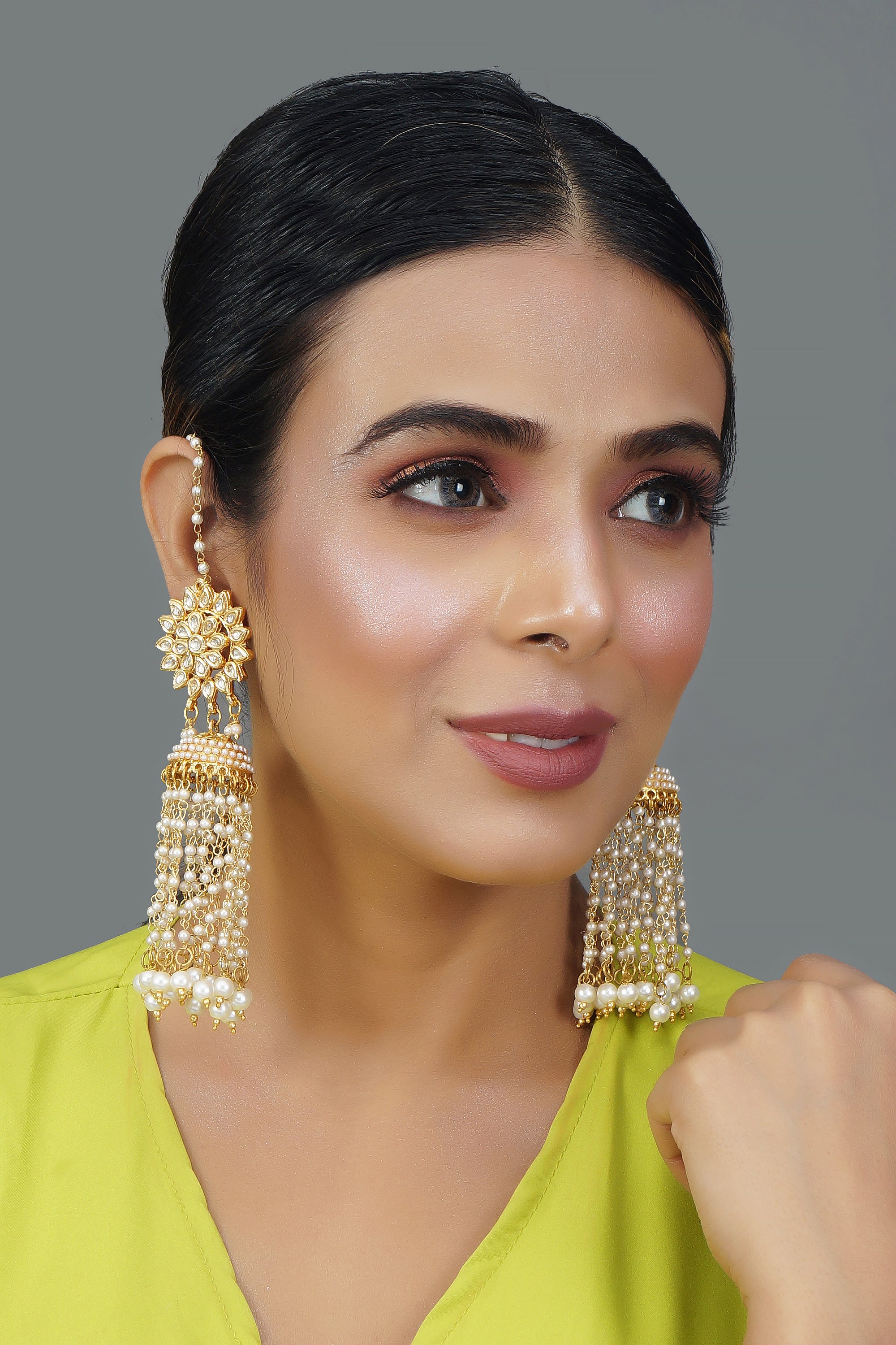 Kundan Floral Gold-Toned & White Classic Drop Earrings