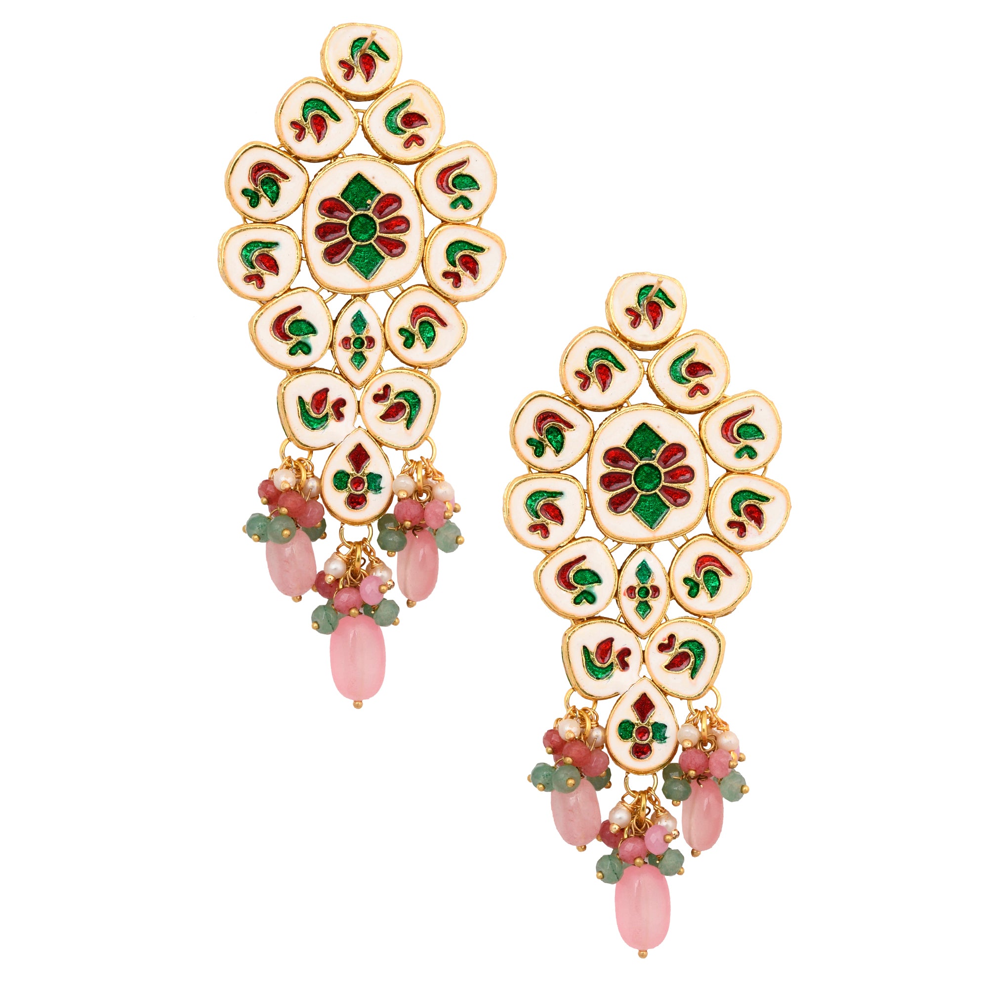 Handcrafted Pink Green Gold Tone Kundan Earrings