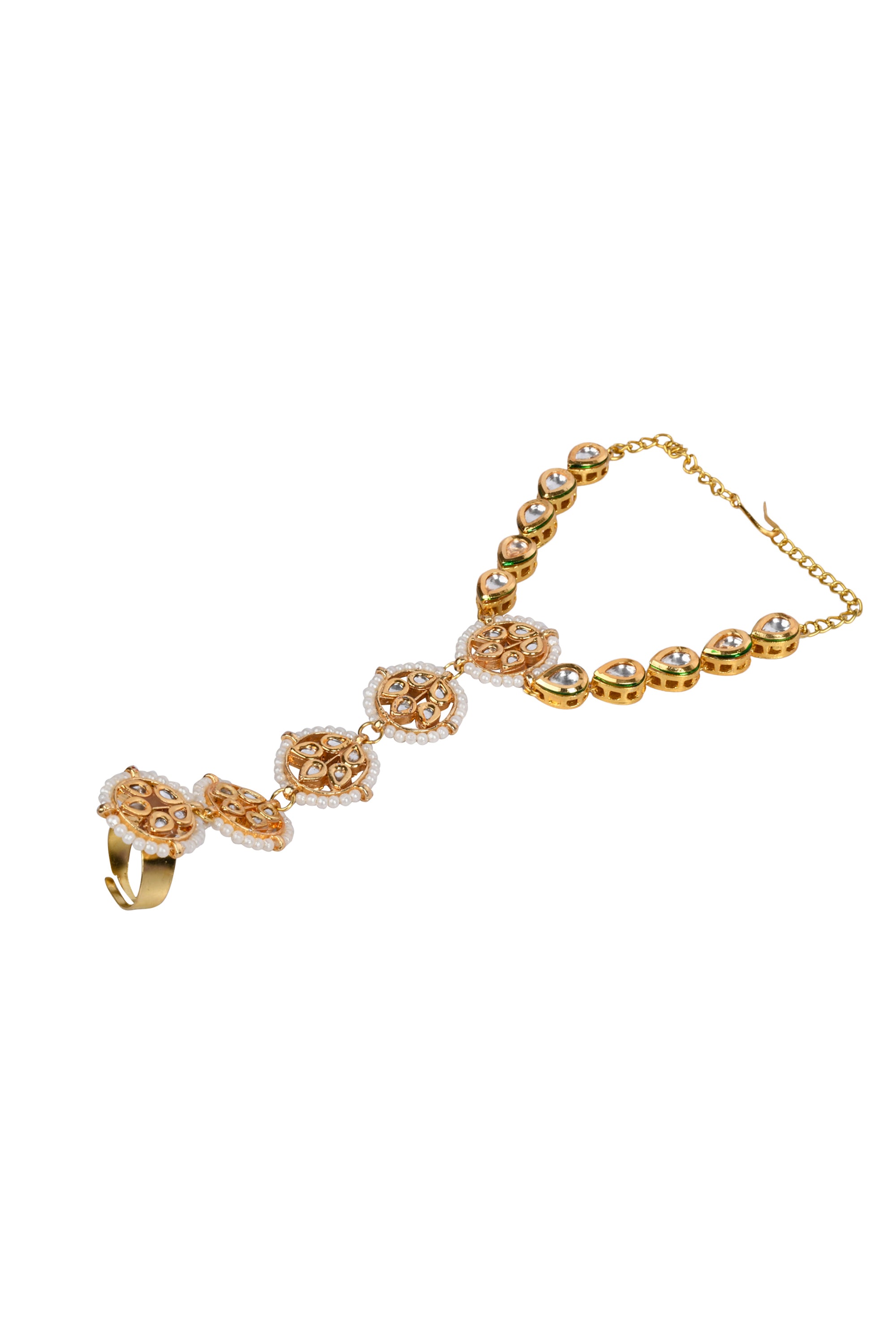 Gold Tone Kundan Haathphool with Pearls