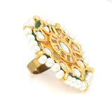 Classic Gold Tone Kundan-Inspired Pearl Beaded Adjustable Ring