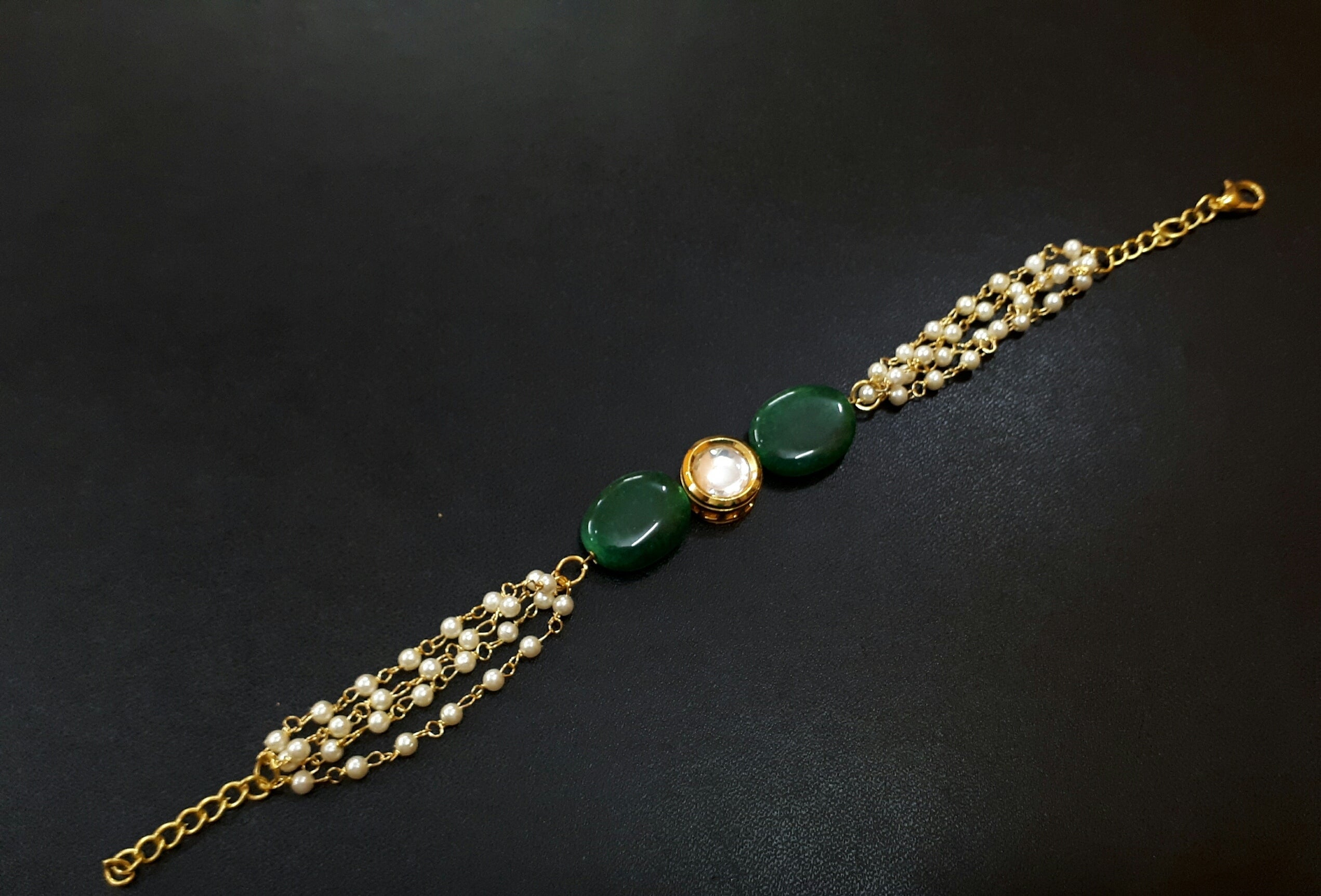 Emerald Gold tone Kundan inspired Pearl Bracelet