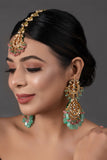 Pink Green Gold Tone Kundan Inspired Maang Tikka with Earrings
