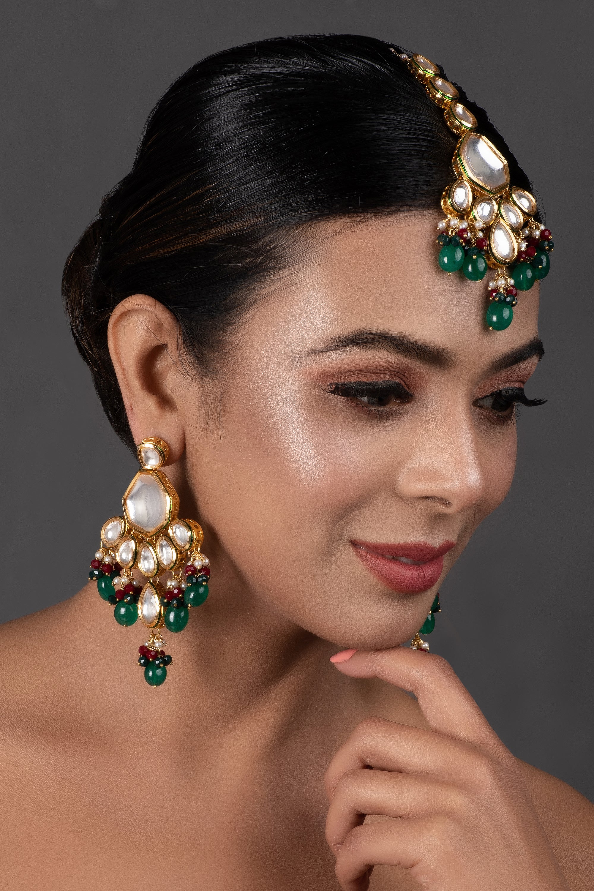 Emerald beaded Kundan inspired Maang Tikka with earrings