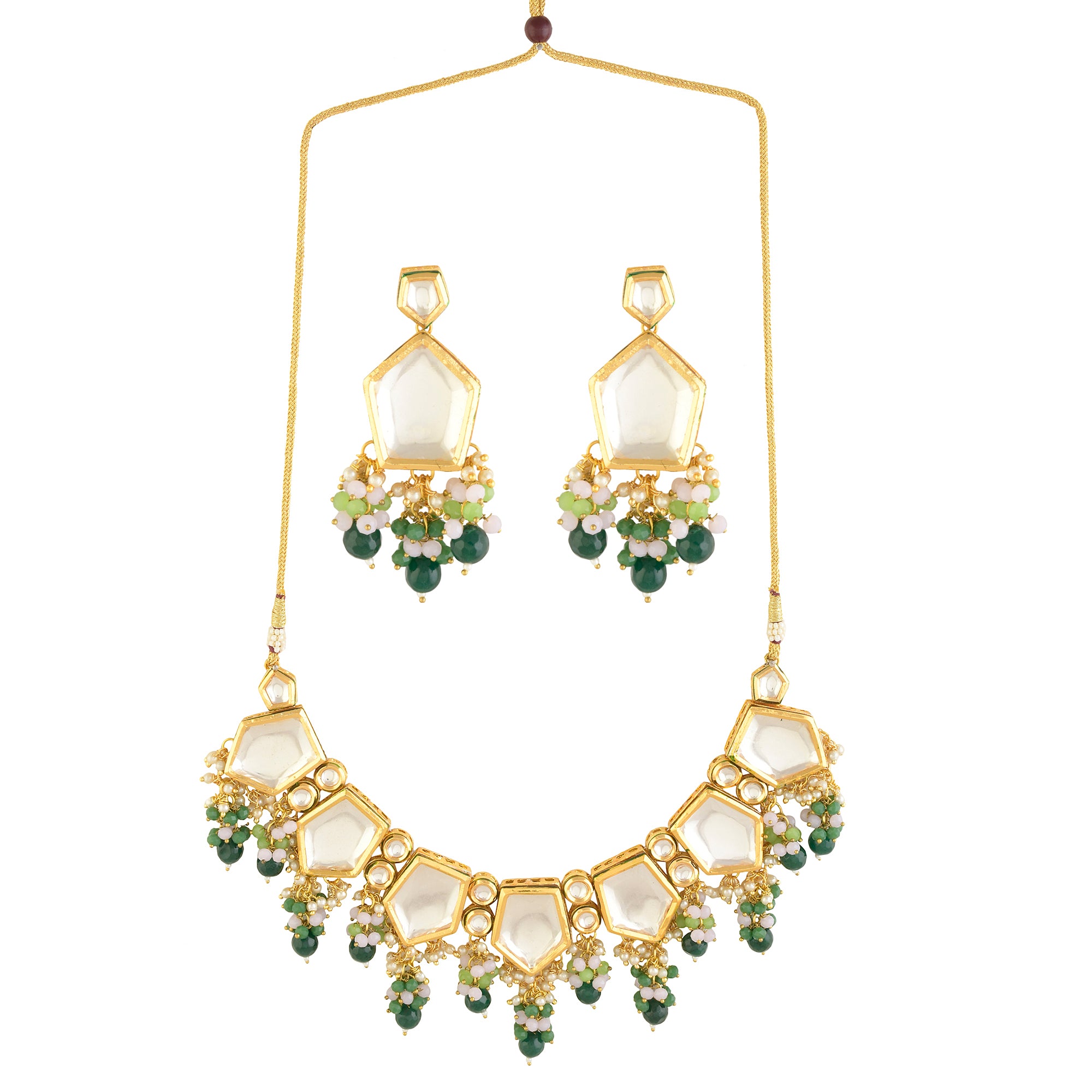 Green Gold toned Handcrafted Kundan necklace set