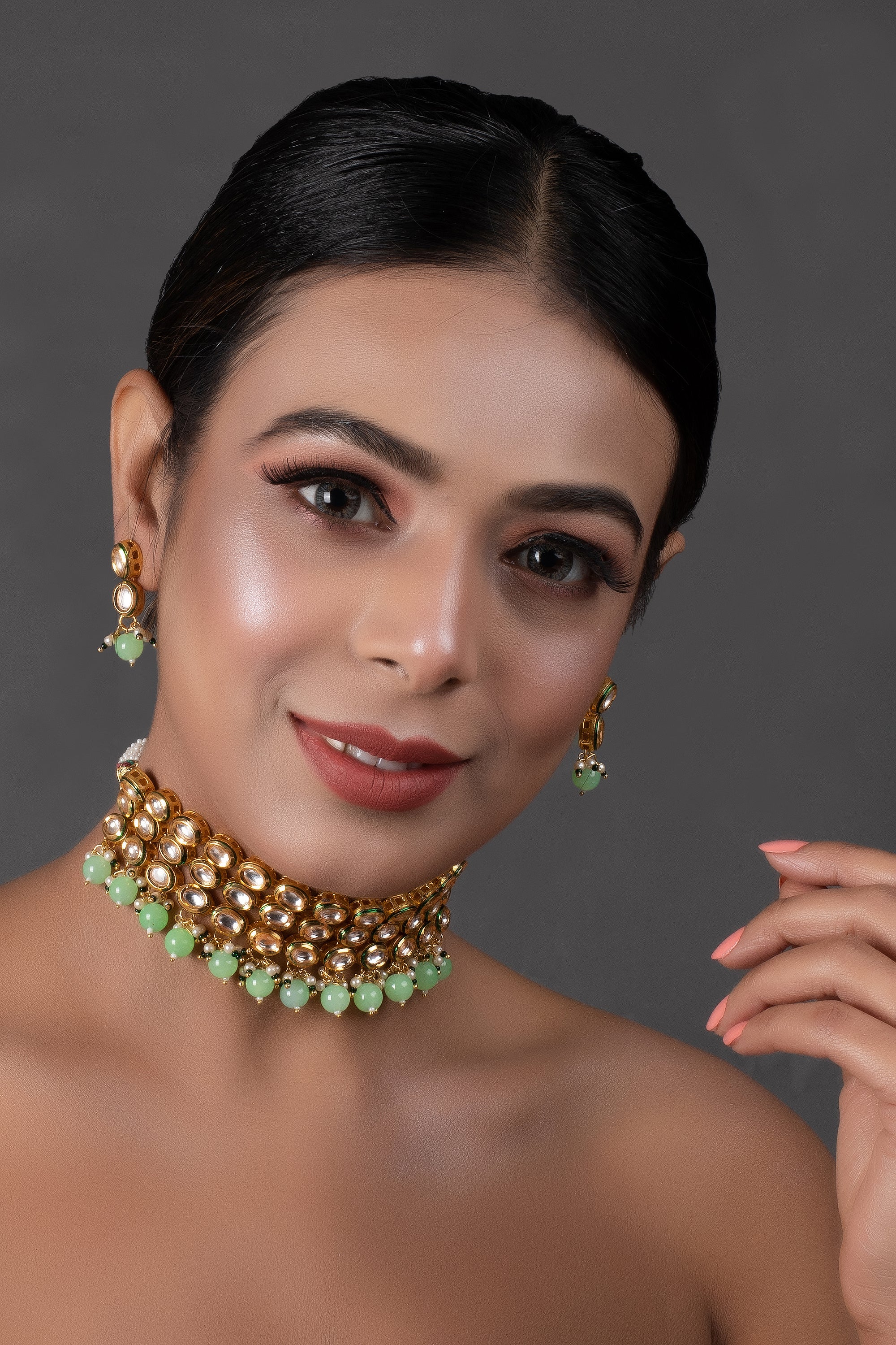 Pastel green Gold Tone Kundan Beaded Choker Necklace with earrings