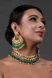 Emerald beaded Gold toned kundan embellished necklace with chandbali