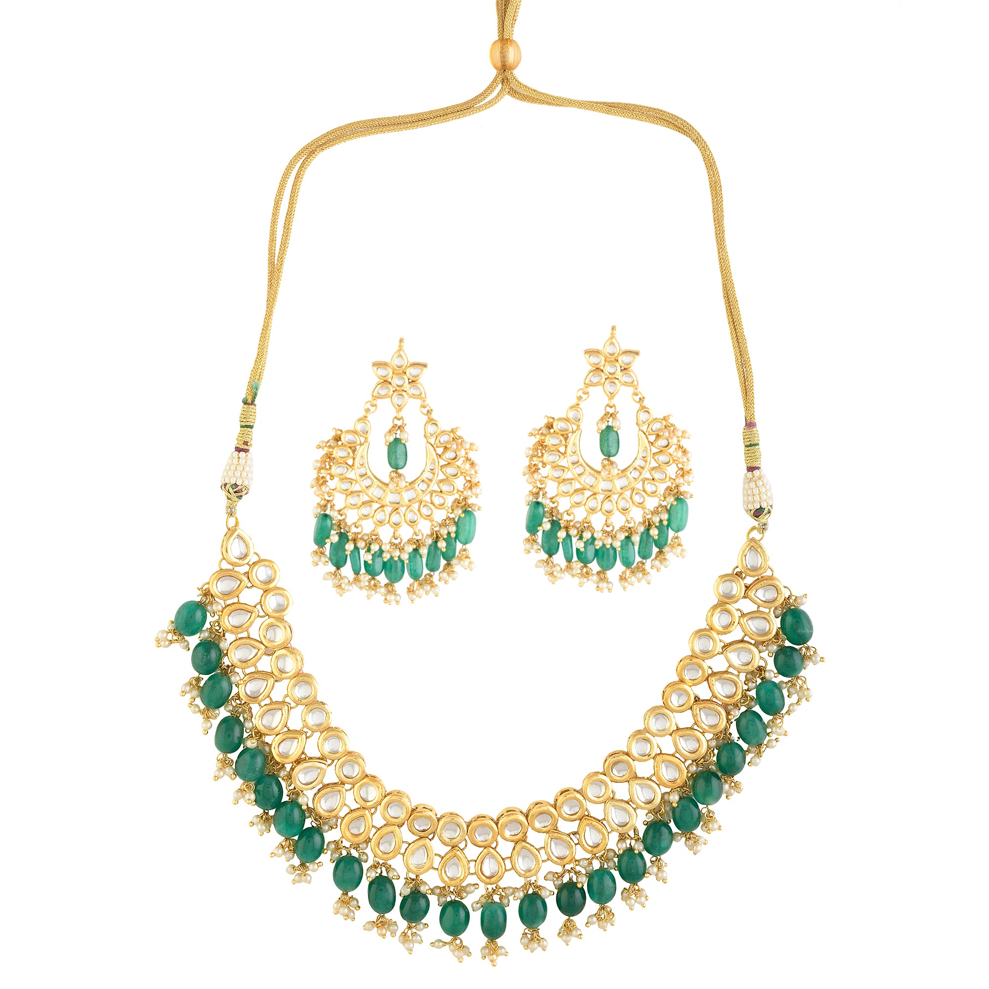 Emerald beaded Gold toned kundan embellished necklace with chandbali