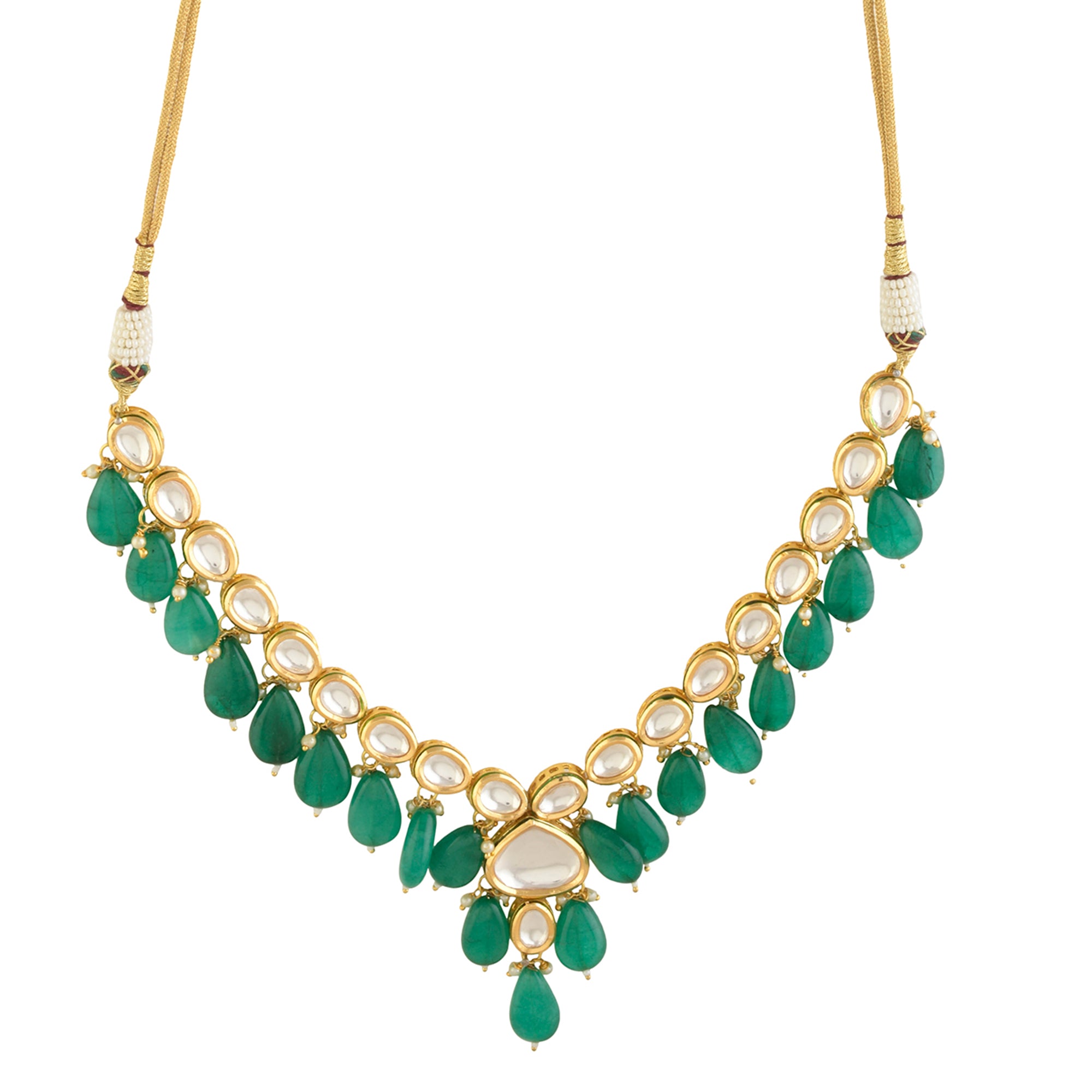 Emerald beaded Gold toned kundan inspired necklace with earrings
