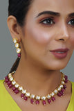 Maroon Gold Tone Kundan Necklace With Earrings