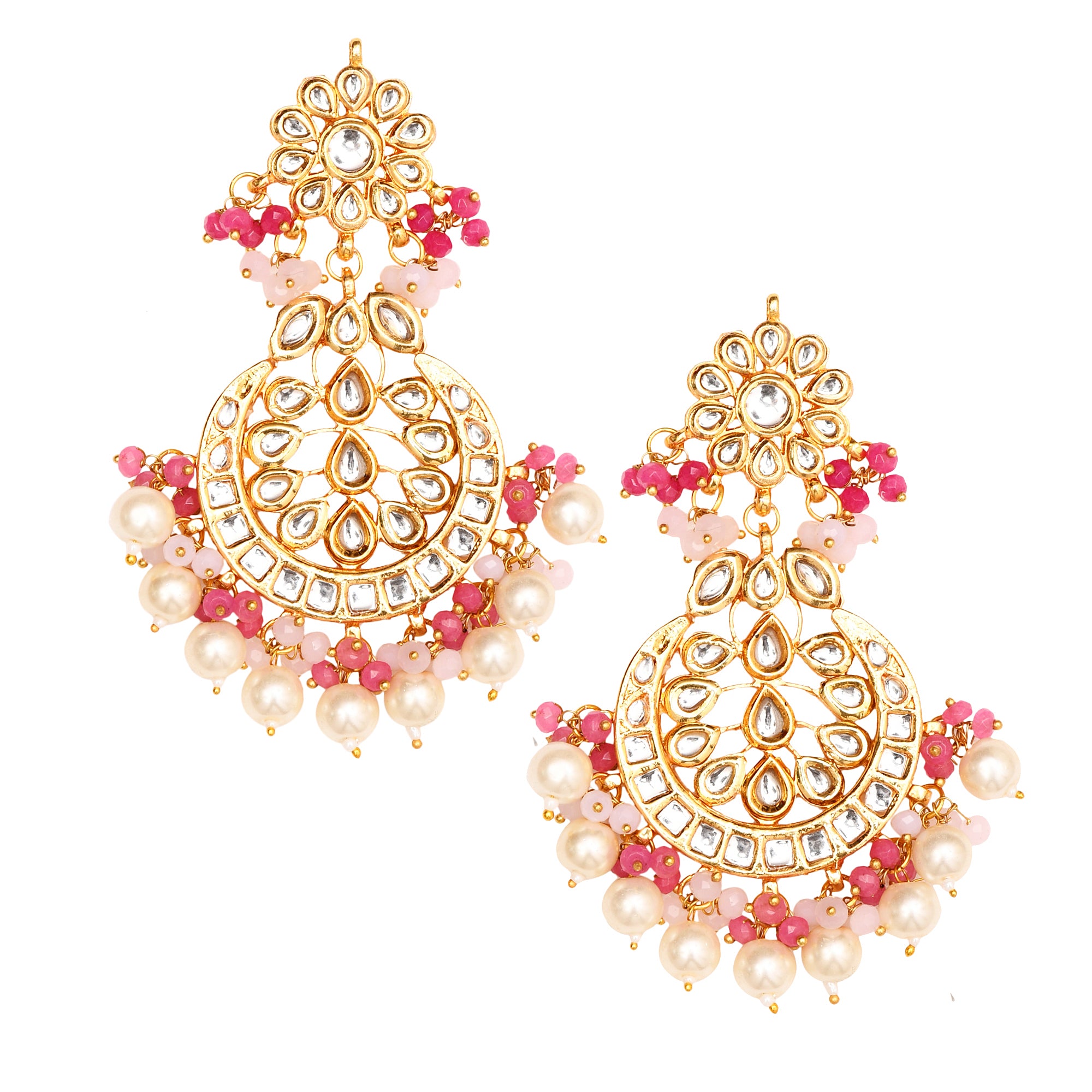 Pearl & Pink beaded Gold Tone Kundan Inspired Necklace with Earrings and Maang Tikka