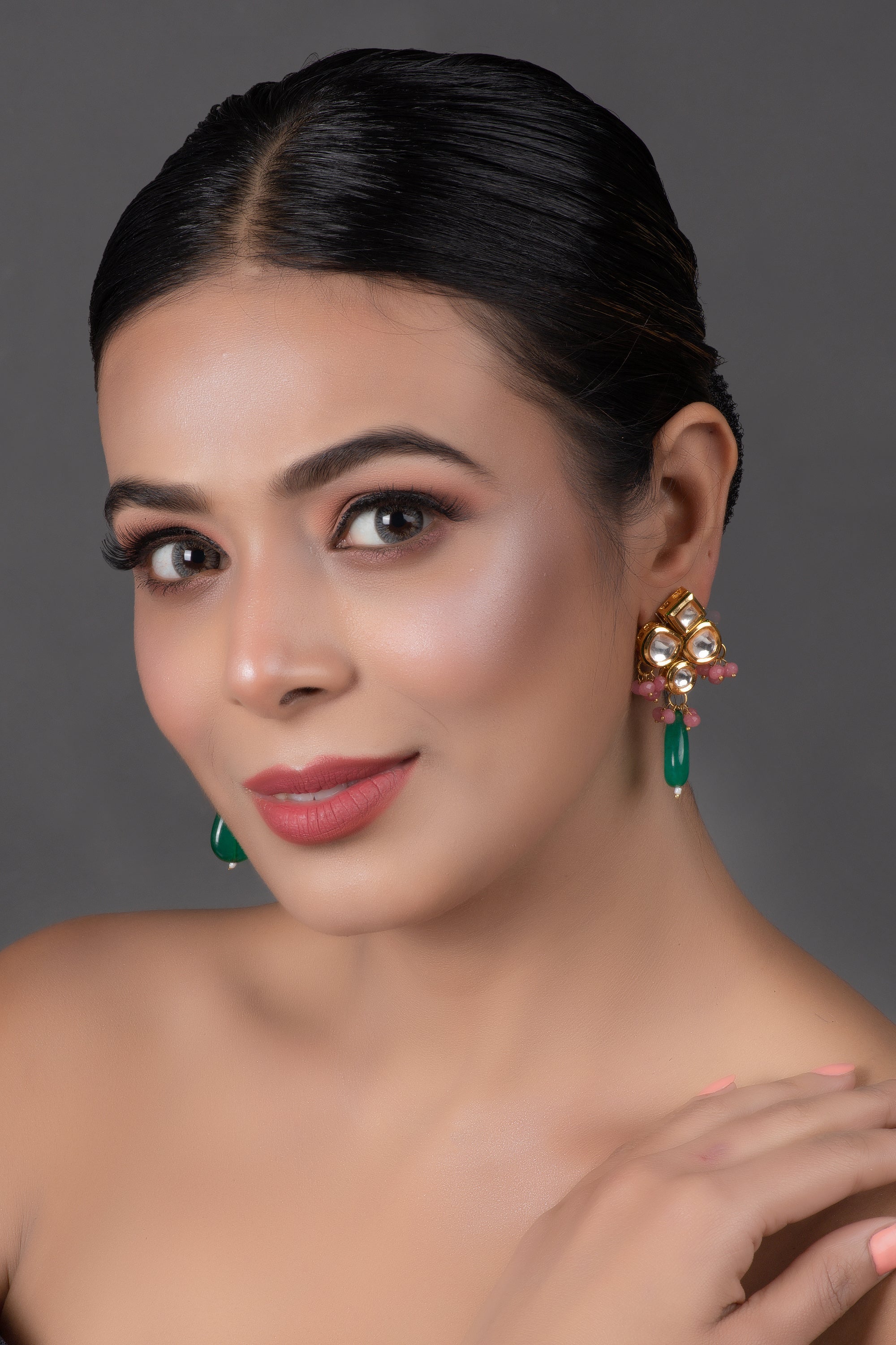 Green Pink beaded Kundan inspired earrings