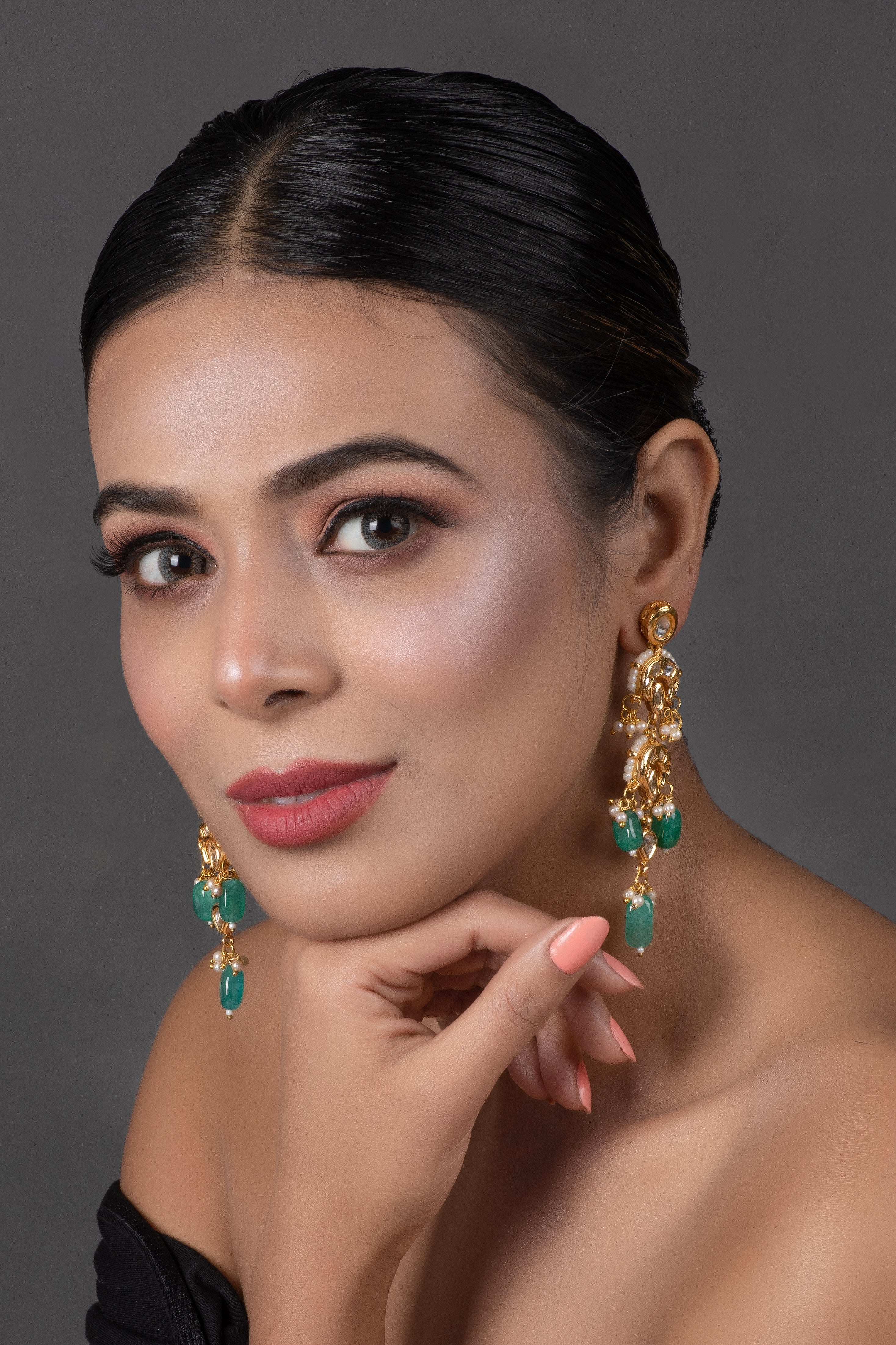 Emerald beaded Kundan contemporary earrings