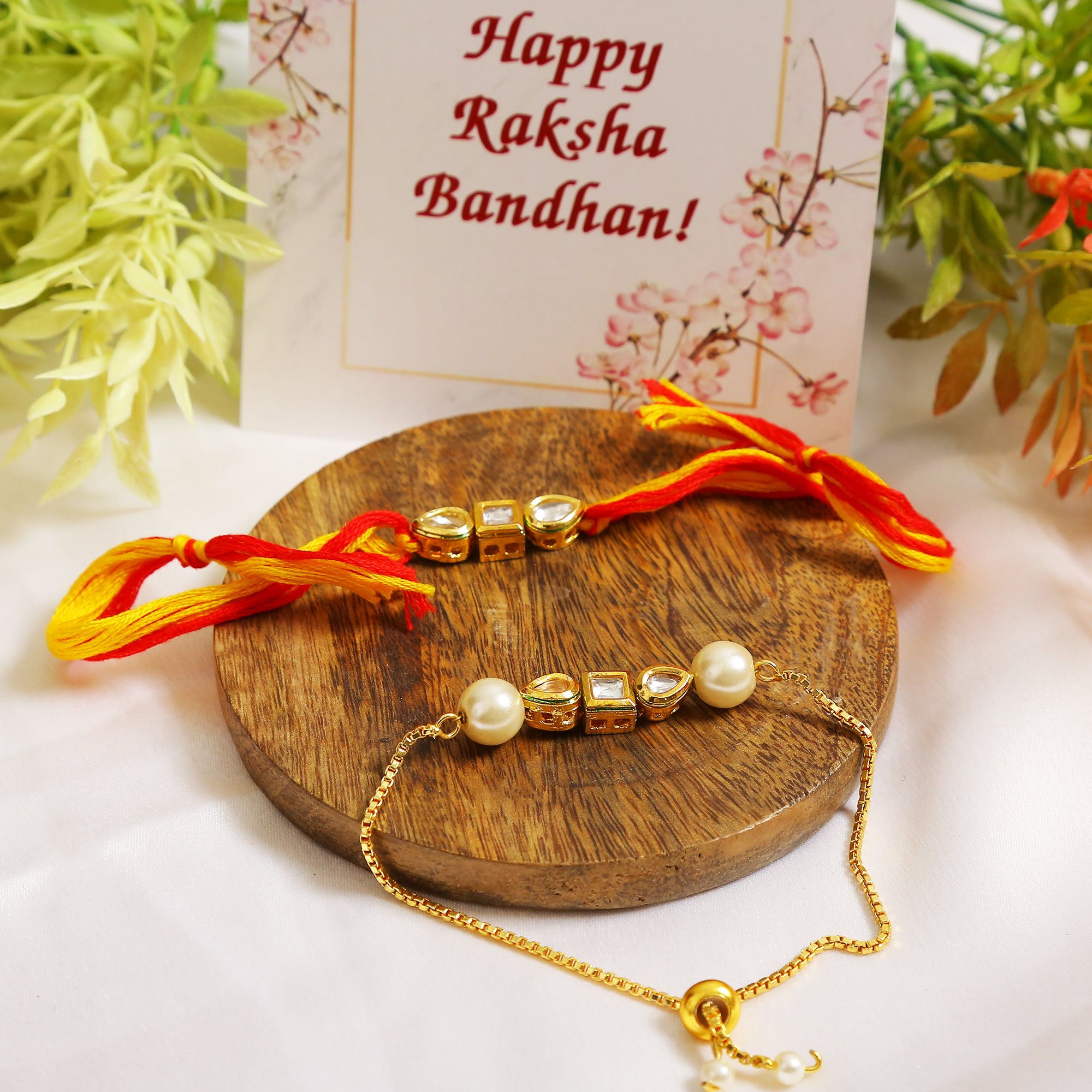 Set of 2 - Gold-Toned Kundan Embellished rakhi & lumba set